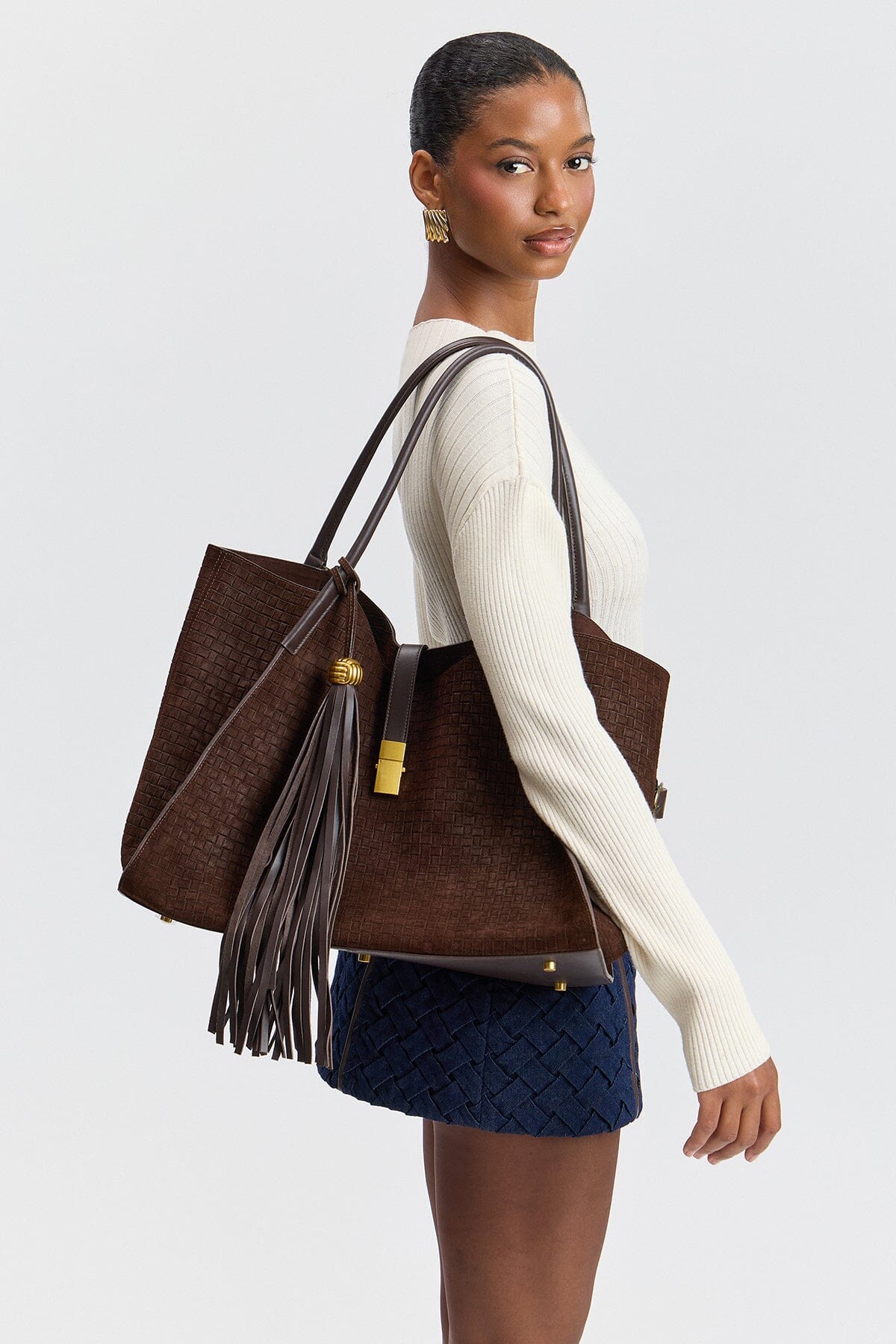 Brown woven suede bag in genuine leather - Shop designer women's cute suede brown bags by Avec Les Filles.