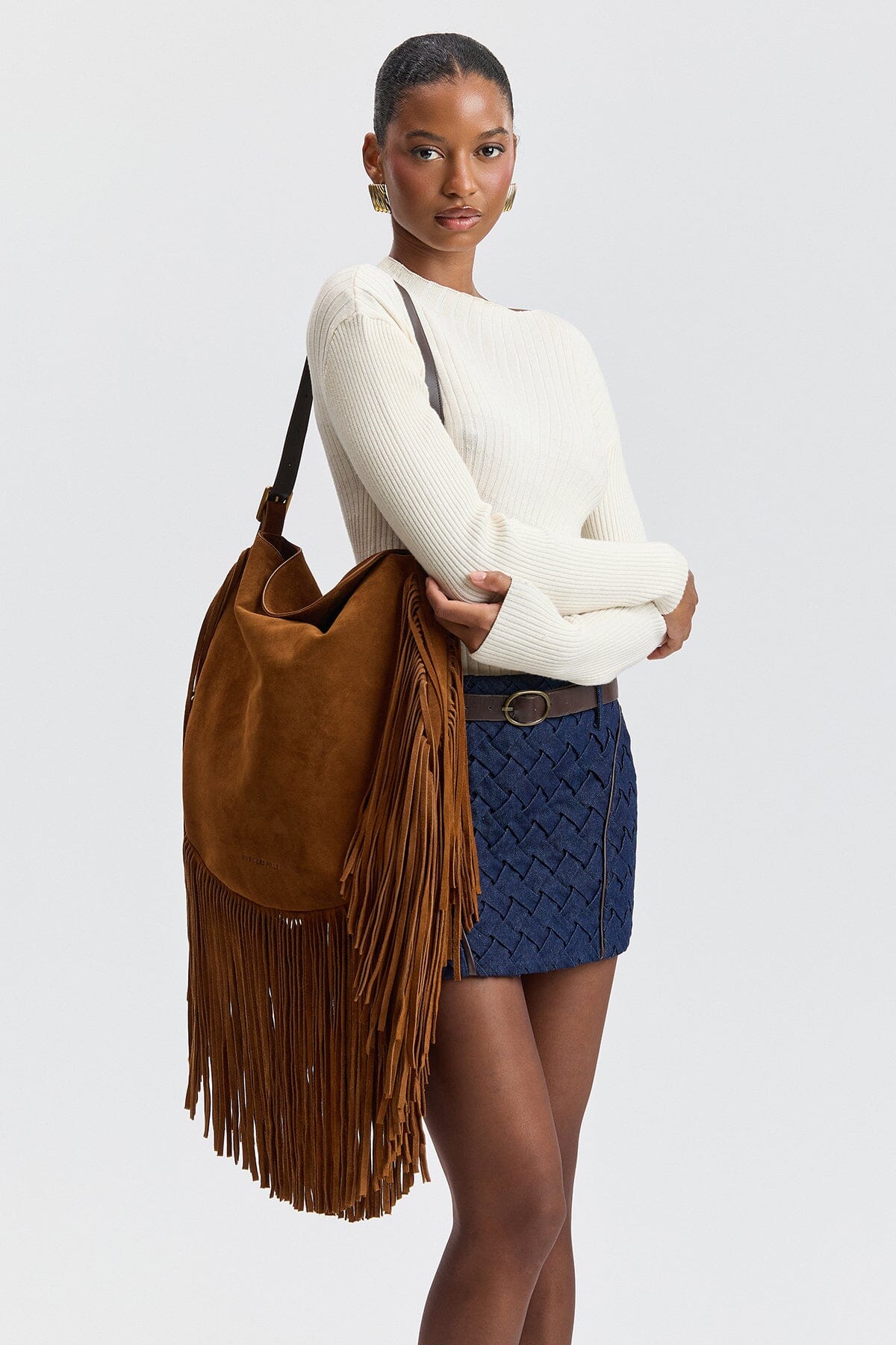 Brown fringe hobo bag in genuine leather - Shop designer women's cute fringe bags by Avec Les Filles.