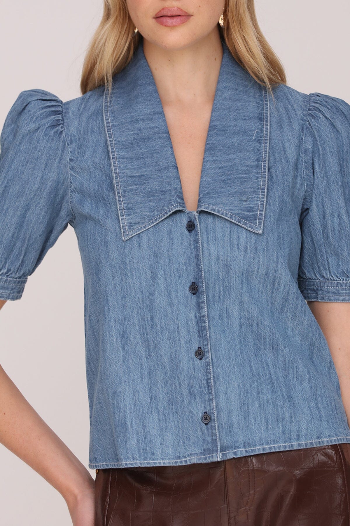 Collared Puff Sleeve Denim Top Shirts & Tops Avec Les Filles