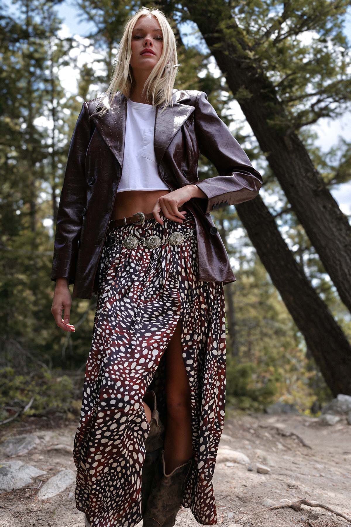 Faux croc tailored chocolate brown double-breasted blazer jacket with crocodile-embossed faux leather finish - Cute women's blazer by Avec Les Filles