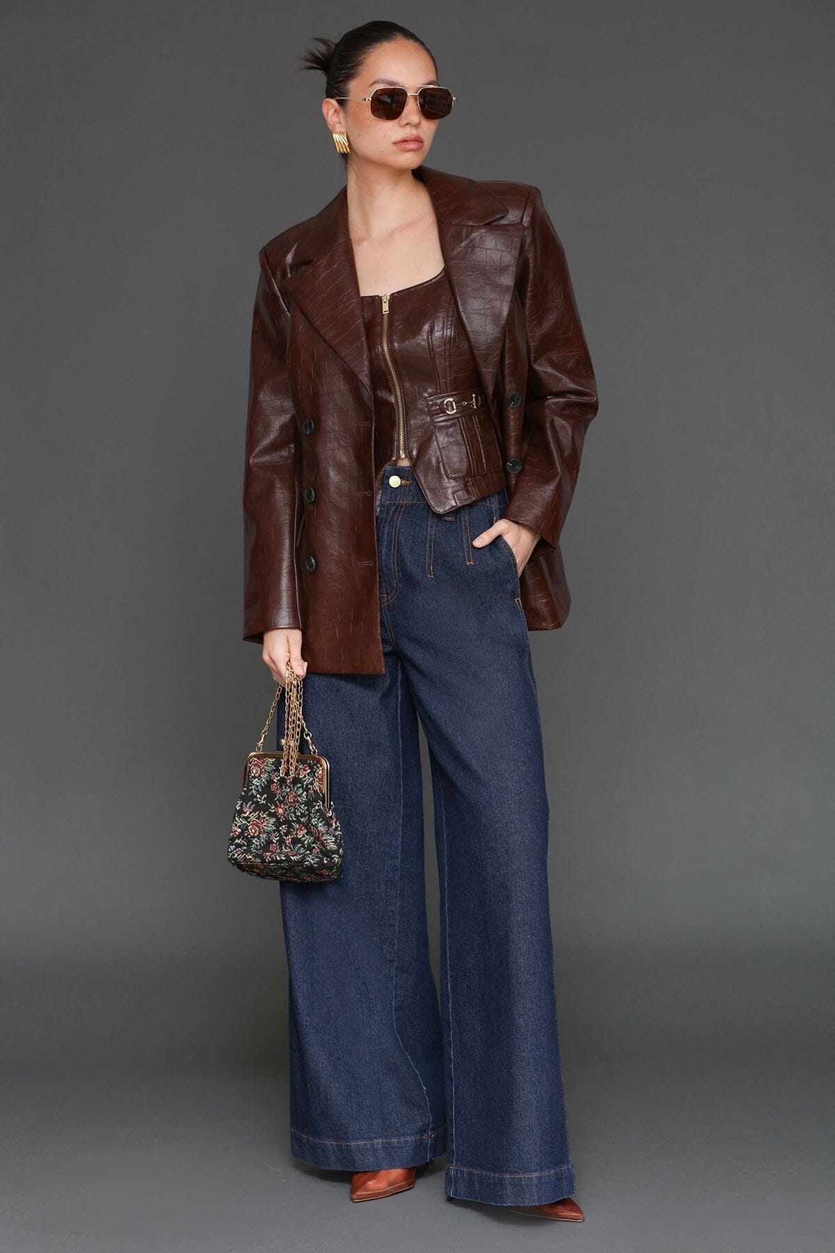 Faux croc tailored chocolate brown double-breasted blazer jacket with crocodile-embossed faux leather finish - Cute women's blazer by Avec Les Filles