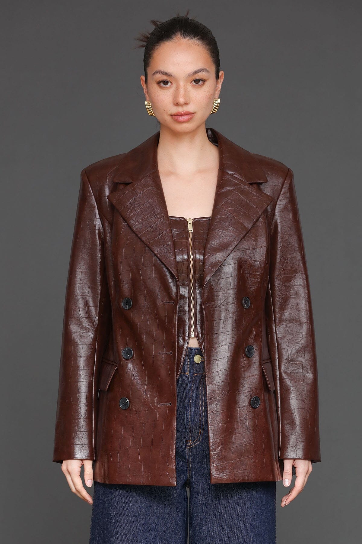 Faux croc tailored chocolate brown double-breasted blazer jacket with crocodile-embossed faux leather finish - Cute women's blazer by Avec Les Filles
