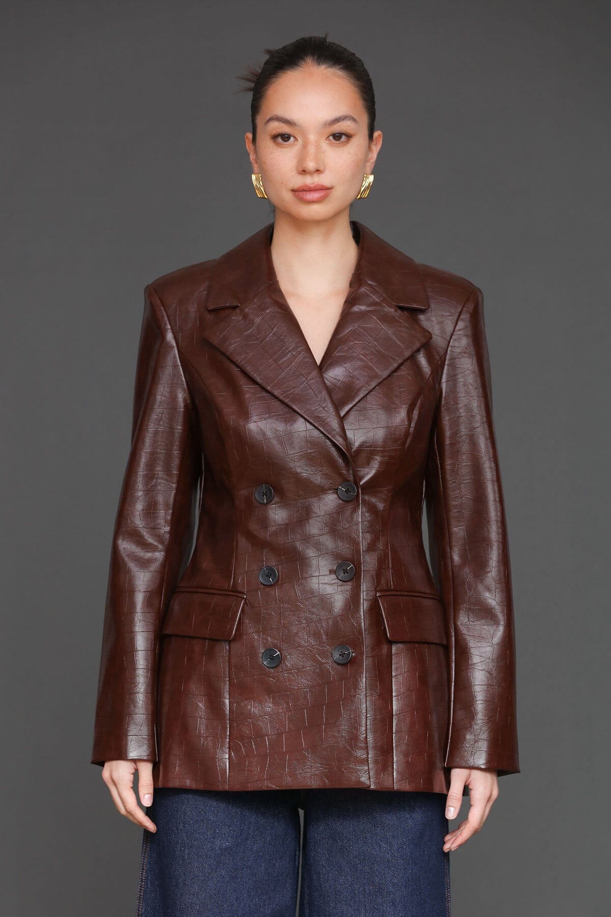 Faux croc tailored chocolate brown double-breasted blazer jacket with crocodile-embossed faux leather finish - Cute women's blazer by Avec Les Filles