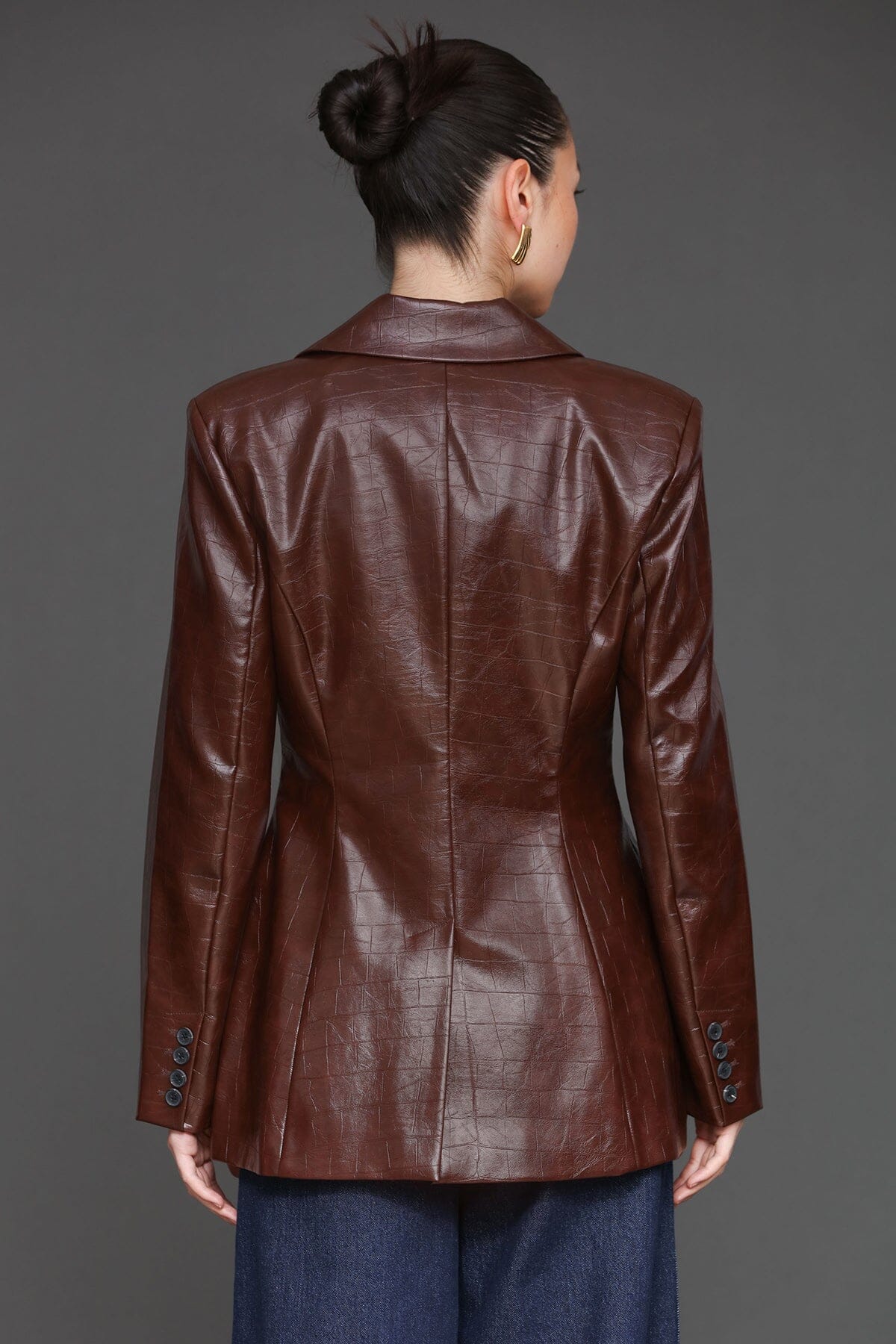 Faux croc tailored chocolate brown double-breasted blazer jacket with crocodile-embossed faux leather finish - Cute women's blazer by Avec Les Filles