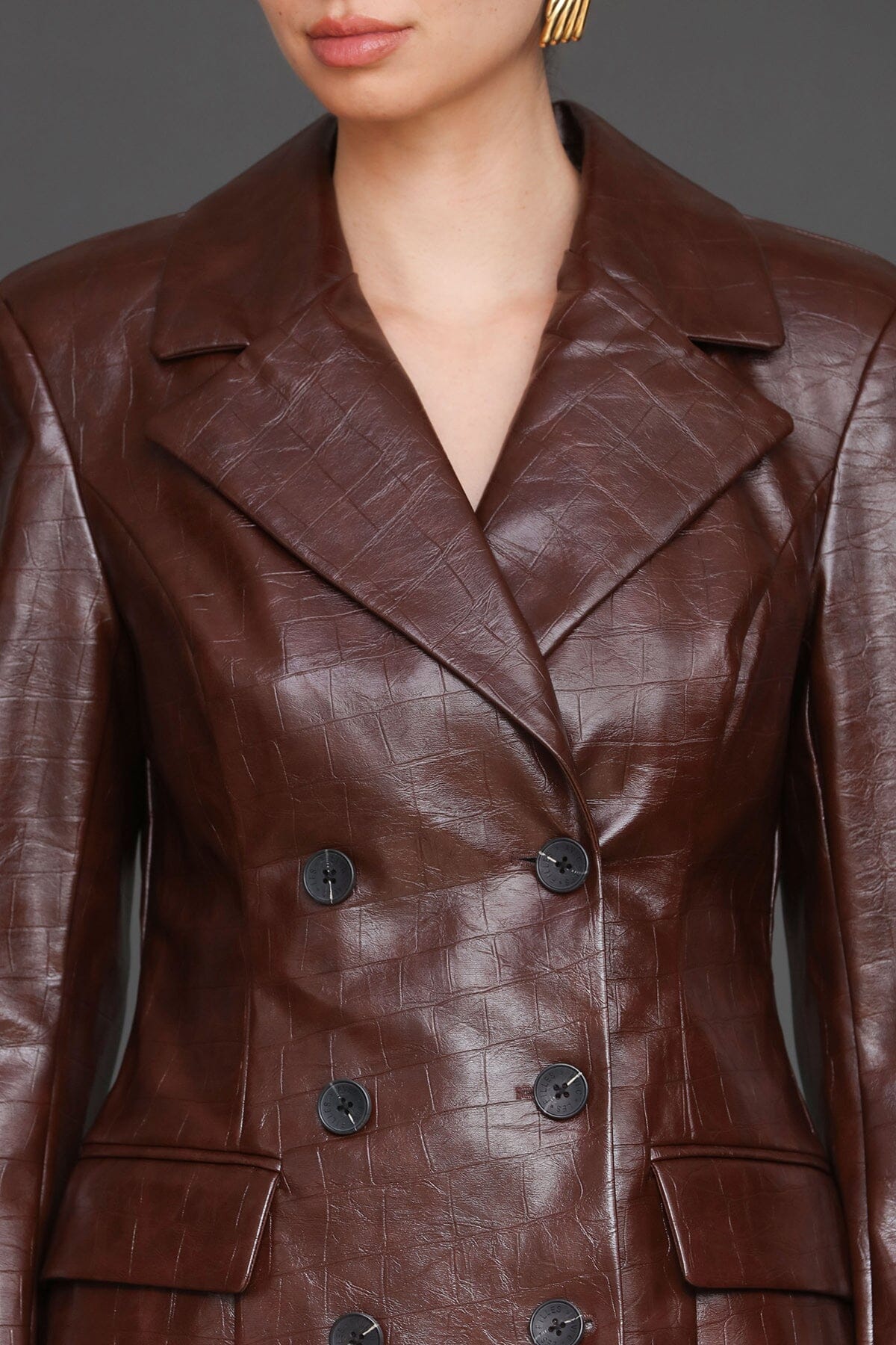 Faux croc tailored chocolate brown double-breasted blazer jacket with crocodile-embossed faux leather finish - Cute women's blazer by Avec Les Filles