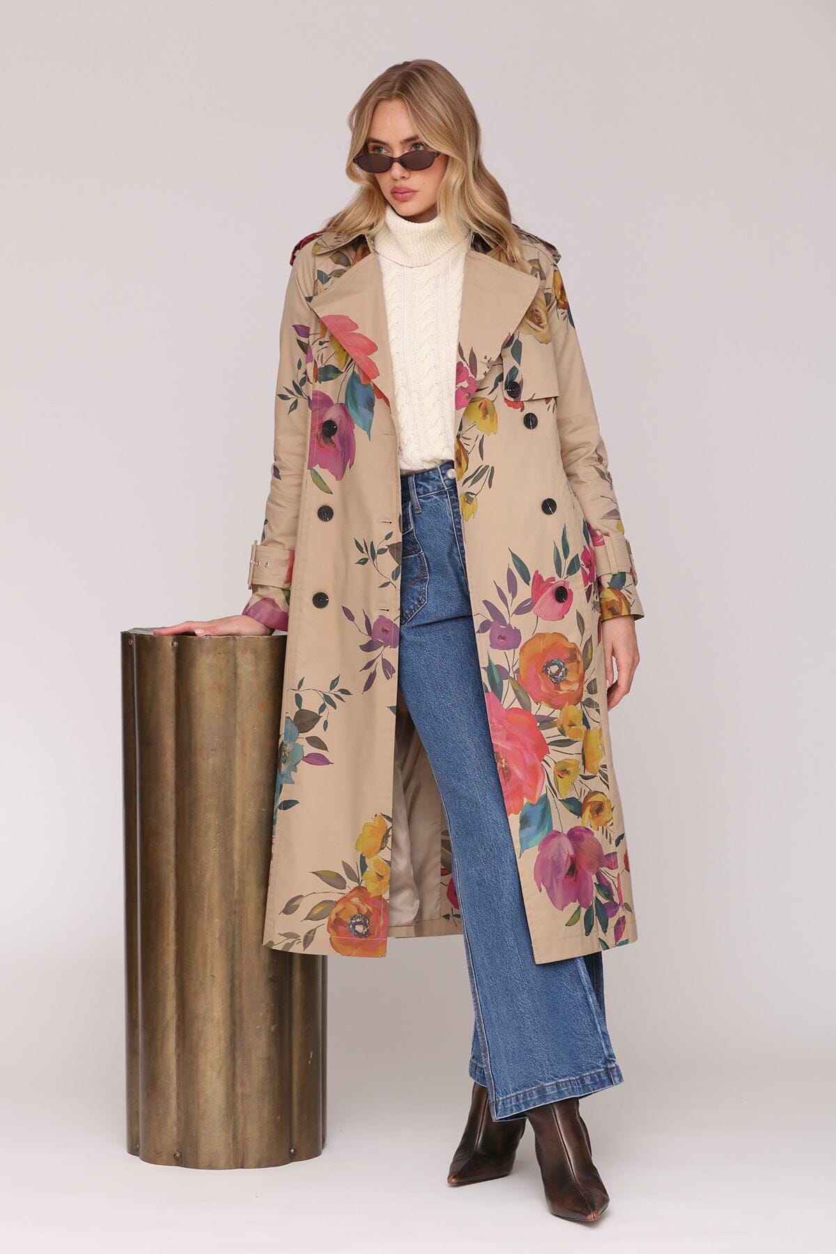 Floral print cotton double-breasted trench long maxi coat with removable self-tie belt and side welt pockets - Cute women's trench coats by Avec Les Filles