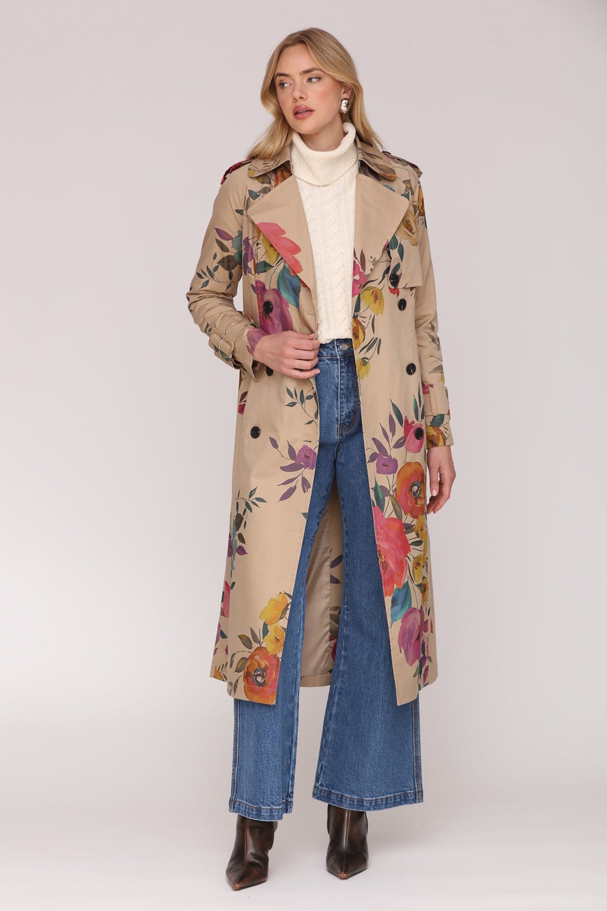 Floral print cotton double-breasted trench long maxi coat with removable self-tie belt and side welt pockets - Cute women's trench coats by Avec Les Filles