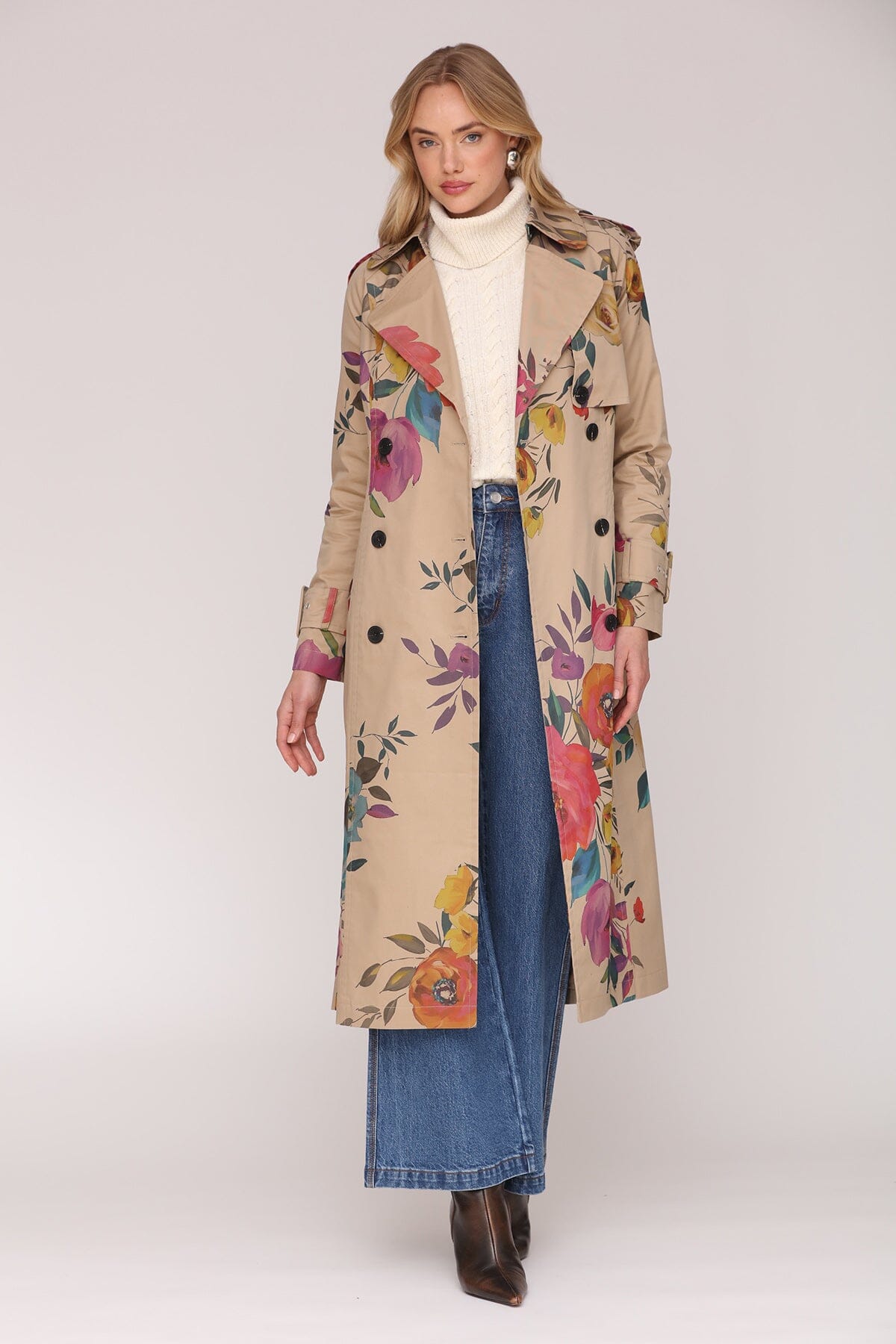 Floral print cotton double-breasted trench long maxi coat with removable self-tie belt and side welt pockets - Cute women's trench coats by Avec Les Filles