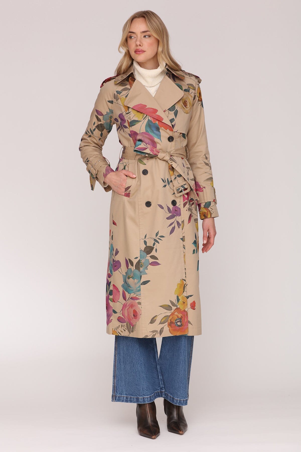Floral print cotton double-breasted trench long maxi coat with removable self-tie belt and side welt pockets - Cute women's trench coats by Avec Les Filles