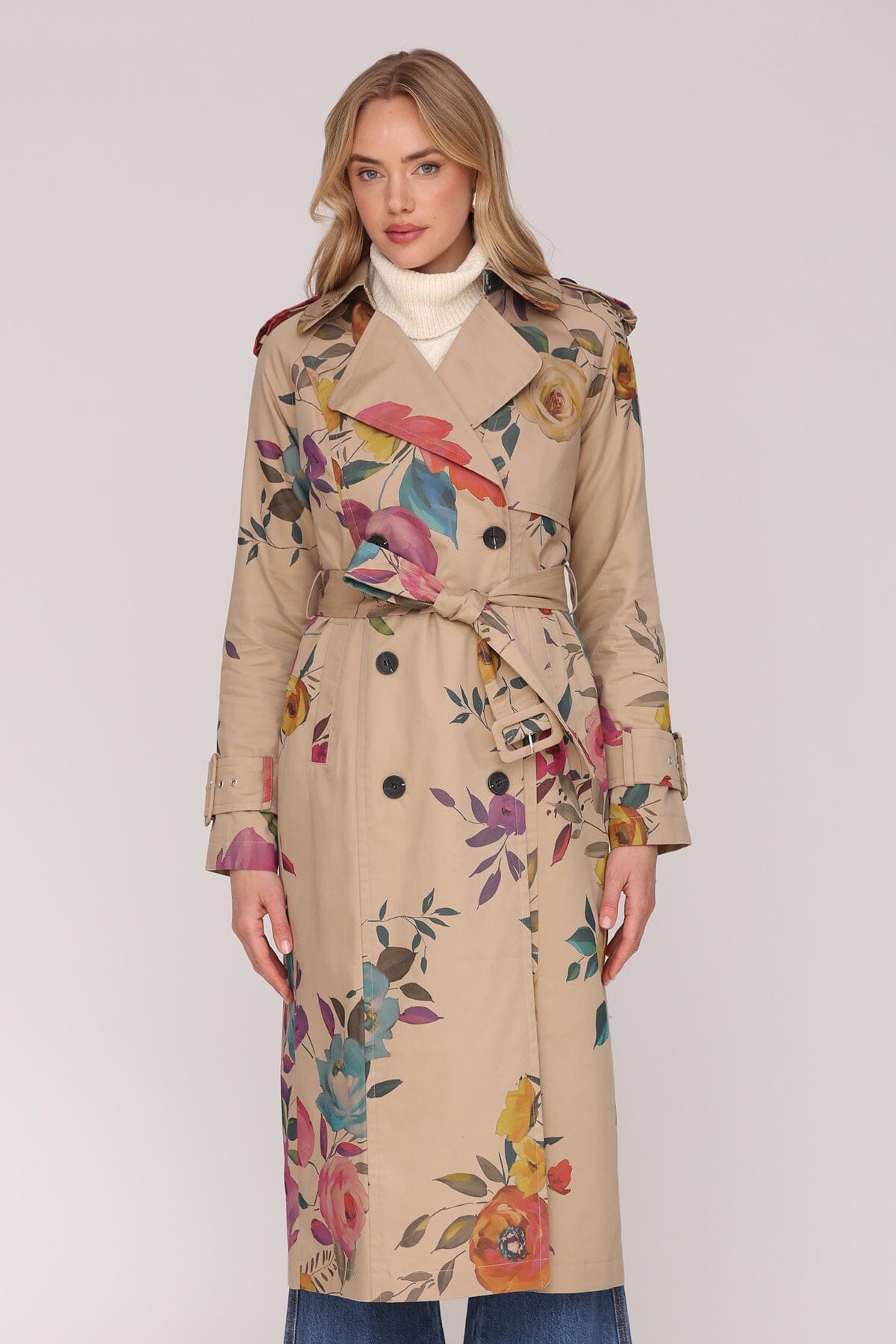 Floral print cotton double-breasted trench long maxi coat with removable self-tie belt and side welt pockets - Cute women's trench coats by Avec Les Filles