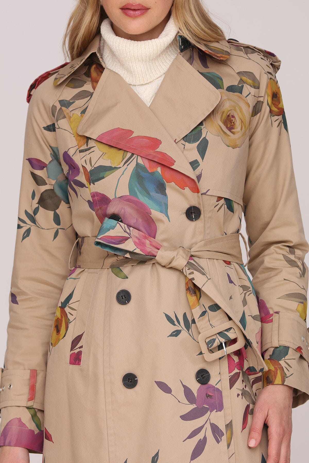 Floral print cotton double-breasted trench long maxi coat with removable self-tie belt and side welt pockets - Cute women's trench coats by Avec Les Filles
