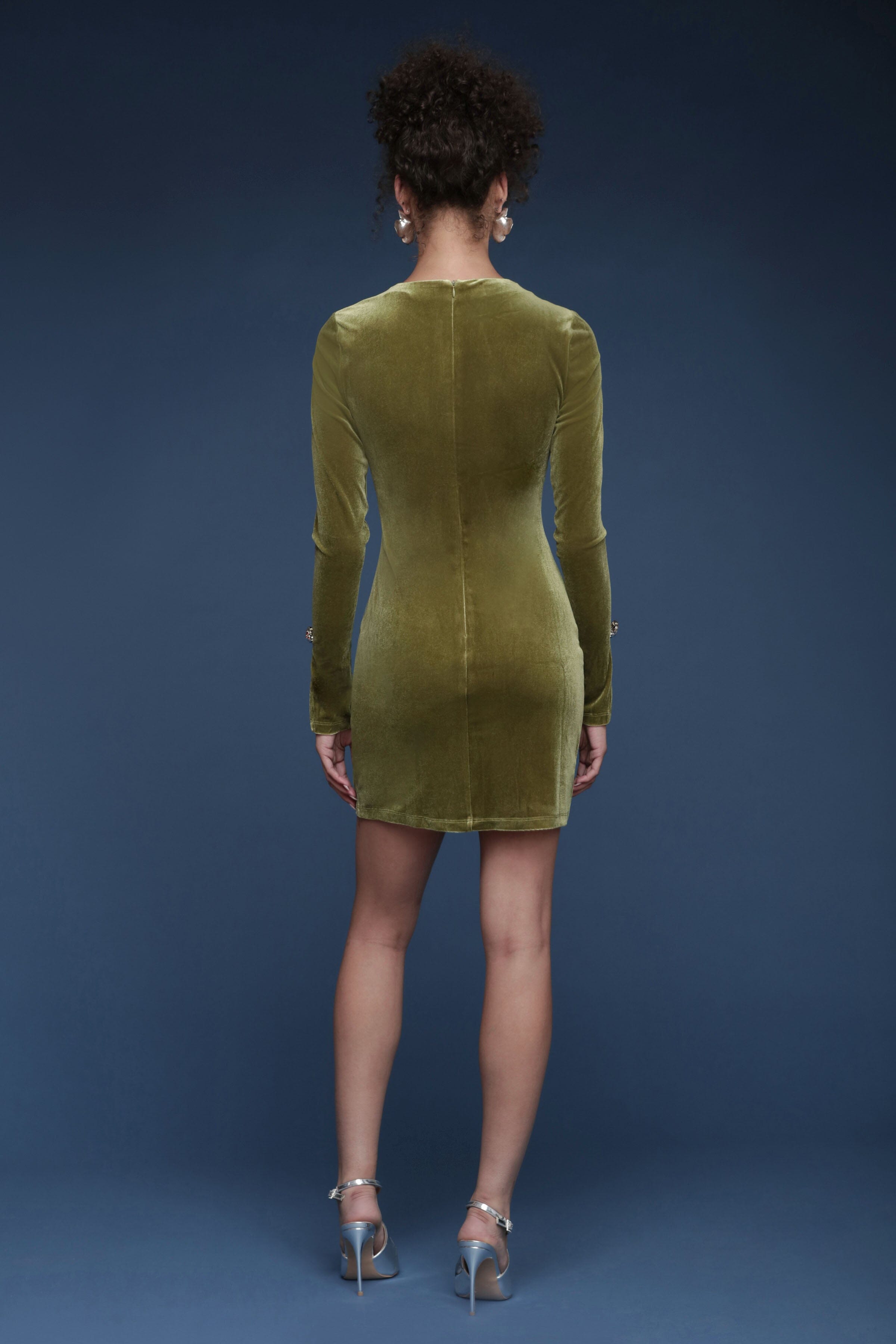 Green velvet mini dress with long sleeves and rose button–embellished keyhole neckline - Shop cute women's mini dresses by Avec Les Filles