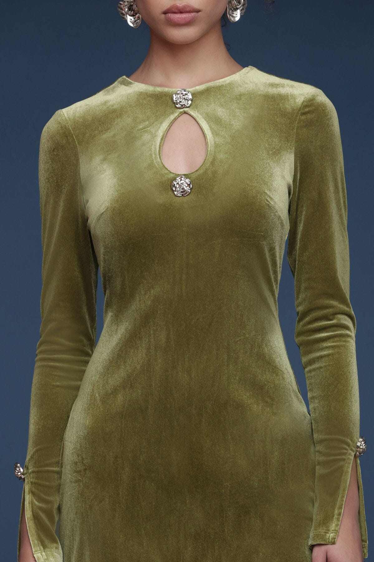 Green velvet mini dress with long sleeves and rose button–embellished keyhole neckline - Shop cute women's mini dresses by Avec Les Filles