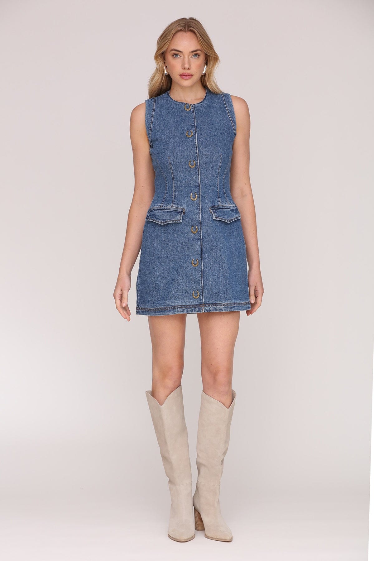 Horseshoe Button Denim Mini Dress Dresses Avec Les Filles Provence Wash 0