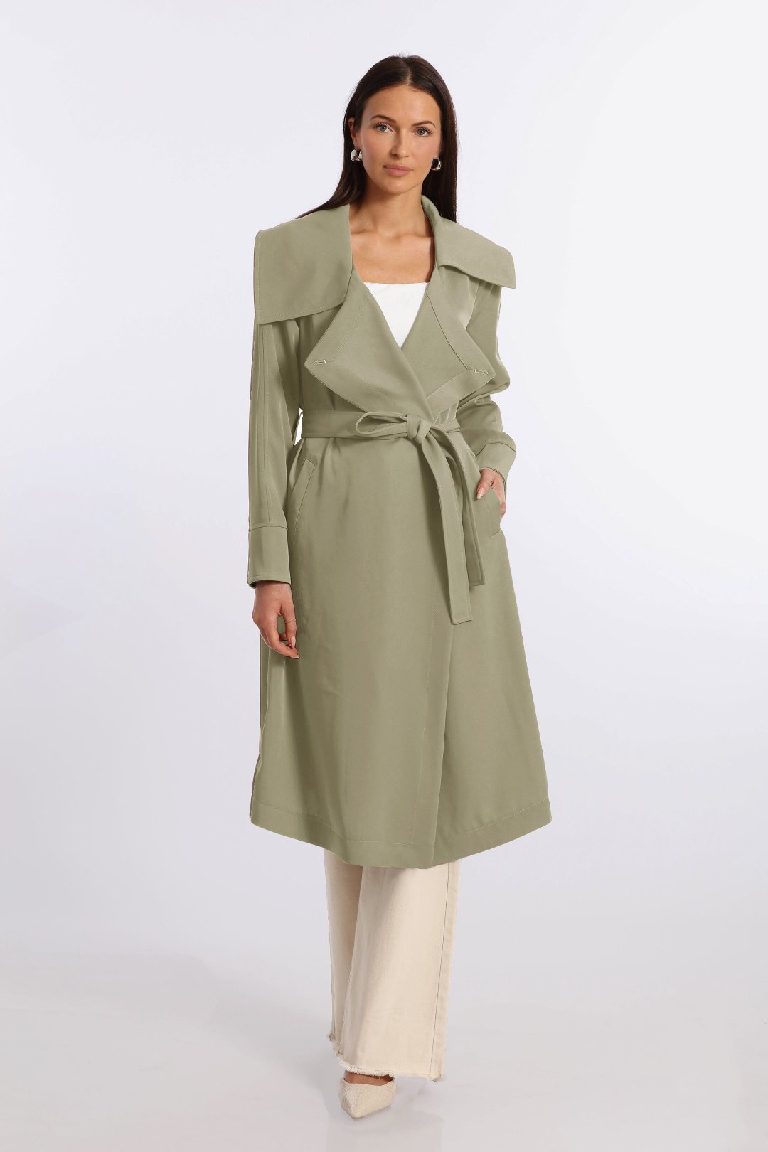 Sage Green Long Belted Drape Women s Trench Coat Sage XL