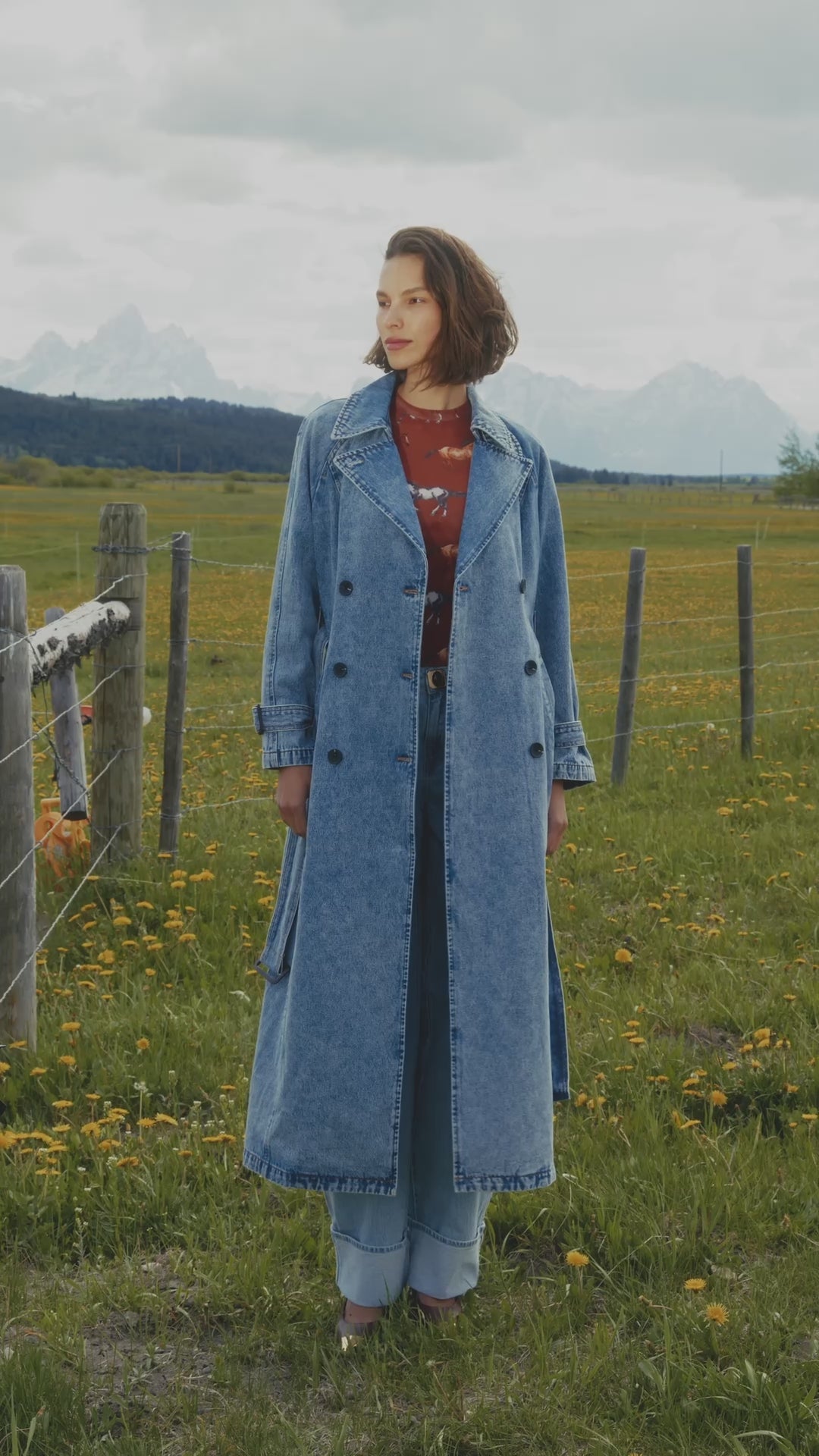 Denim blue double-breasted maxi trench coat with raglan sleeves and removable self-tie belt - Cute women's trench coats by Avec Les Filles