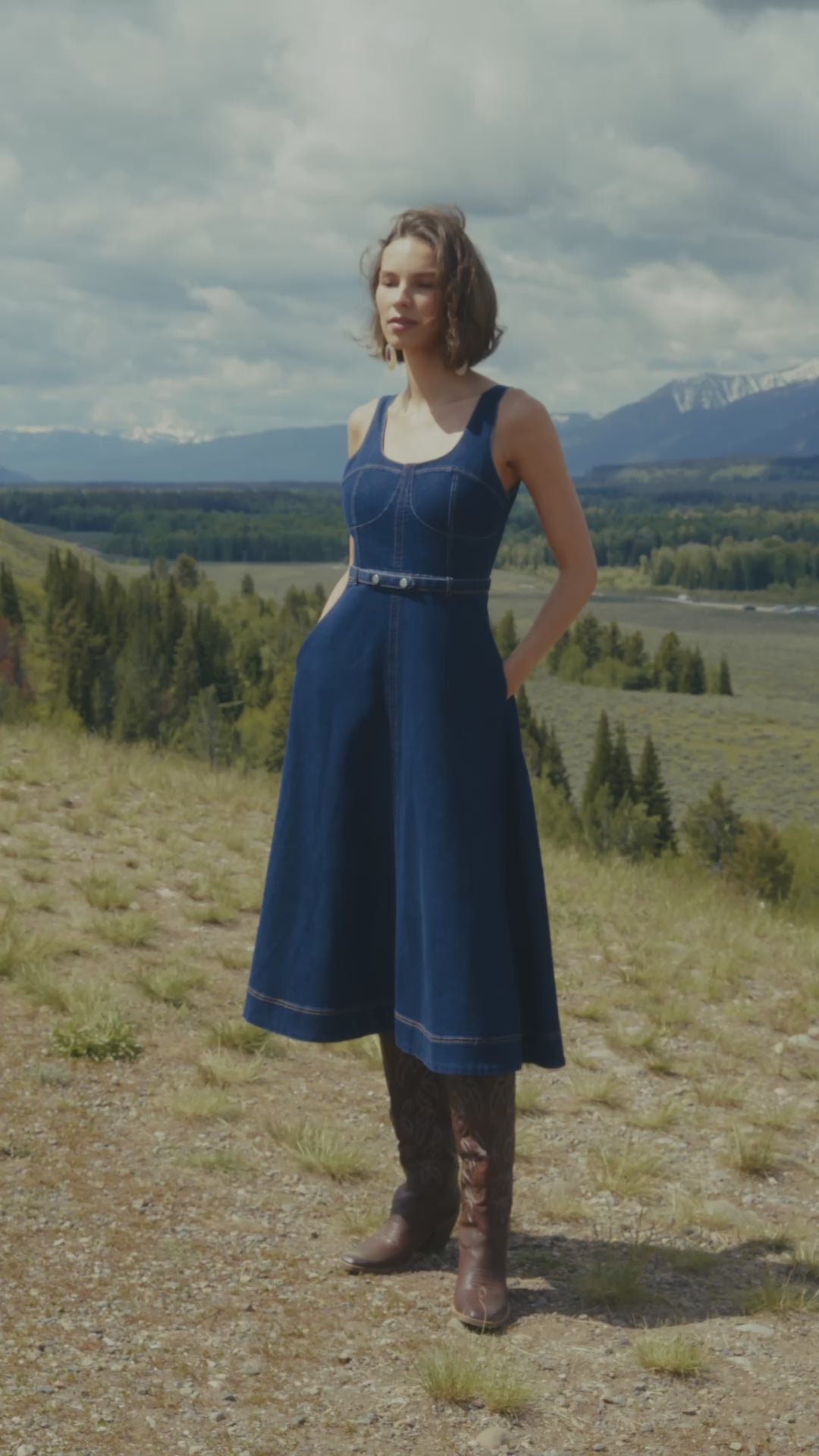 Denim fit & flare bustier cotton blend dark blue midi dress with removable denim belt and sleeveless tank-style straps - Cute women's midi dresses by Avec Les Filles
