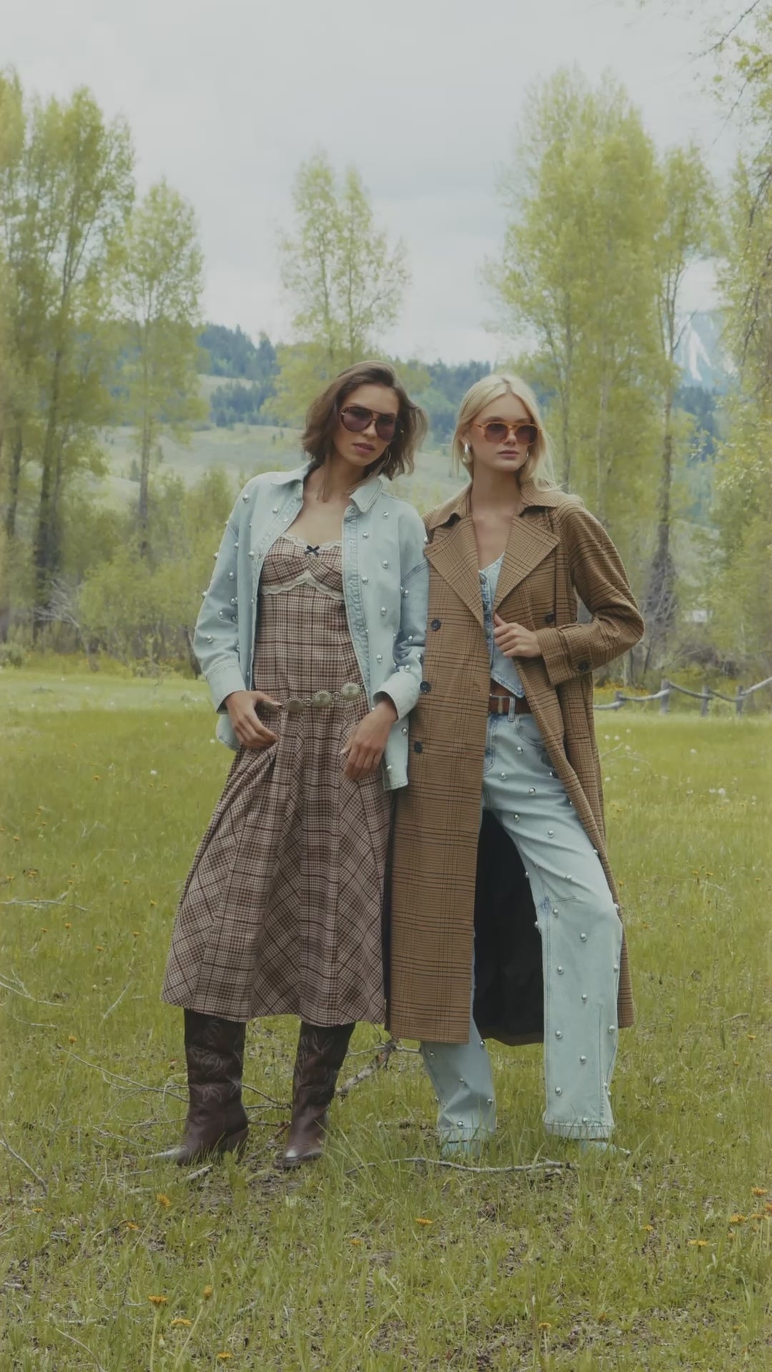 Brown plaid strong shoulder double-breasted maxi trench coat with detachable self-tie belt and long sleeves - Cute women's trench coats by Avec Les Filles