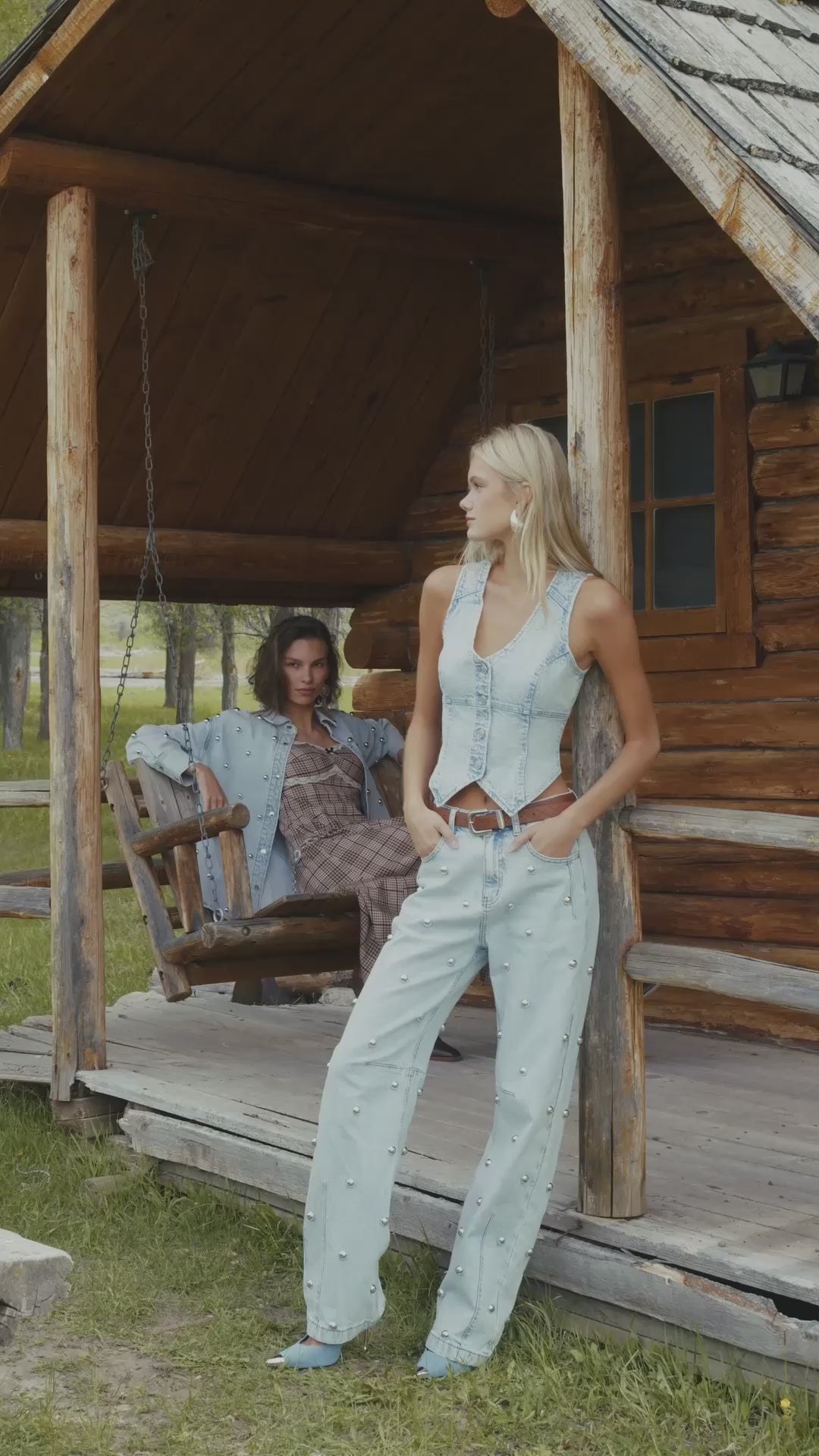 Light blue cotton blend denim corset vest top with V-neckline, sleeveless and button-front closure - Cute women's vest tops by Avec Les Filles