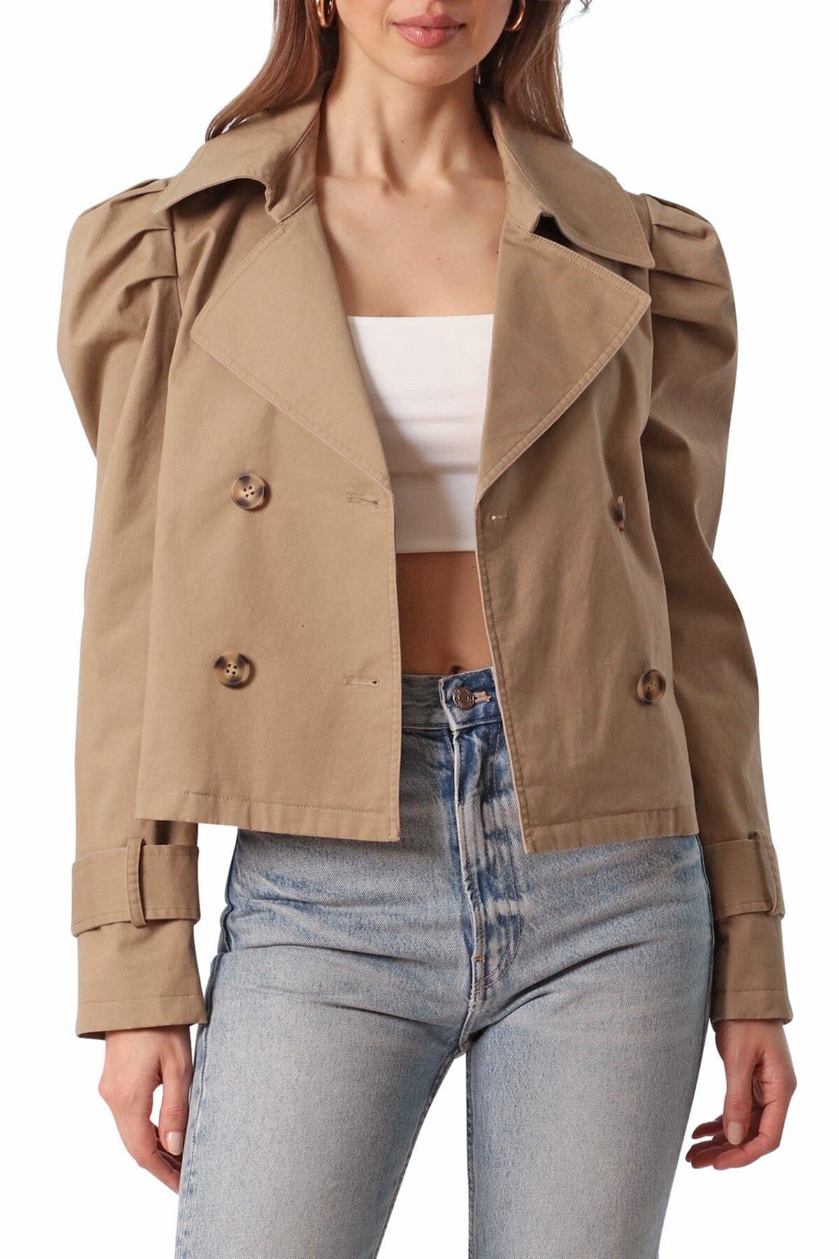 Puff Sleeve Stretch Cotton Cropped Trench Coat