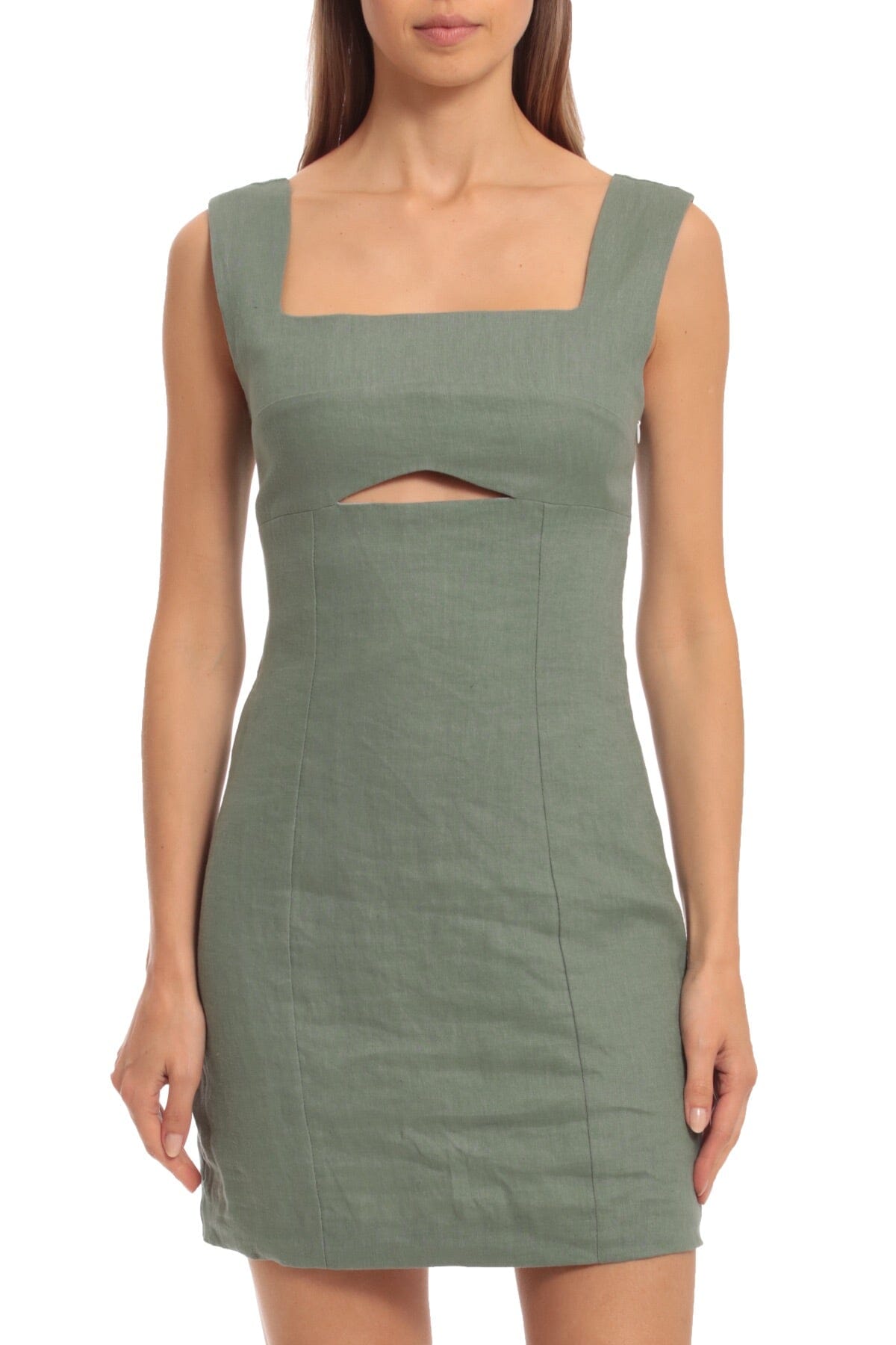 Cutout Linen Blend Mini Dress Avec Les Filles Green square neckline fully lined interior women's flattering Spring 2023 dresses