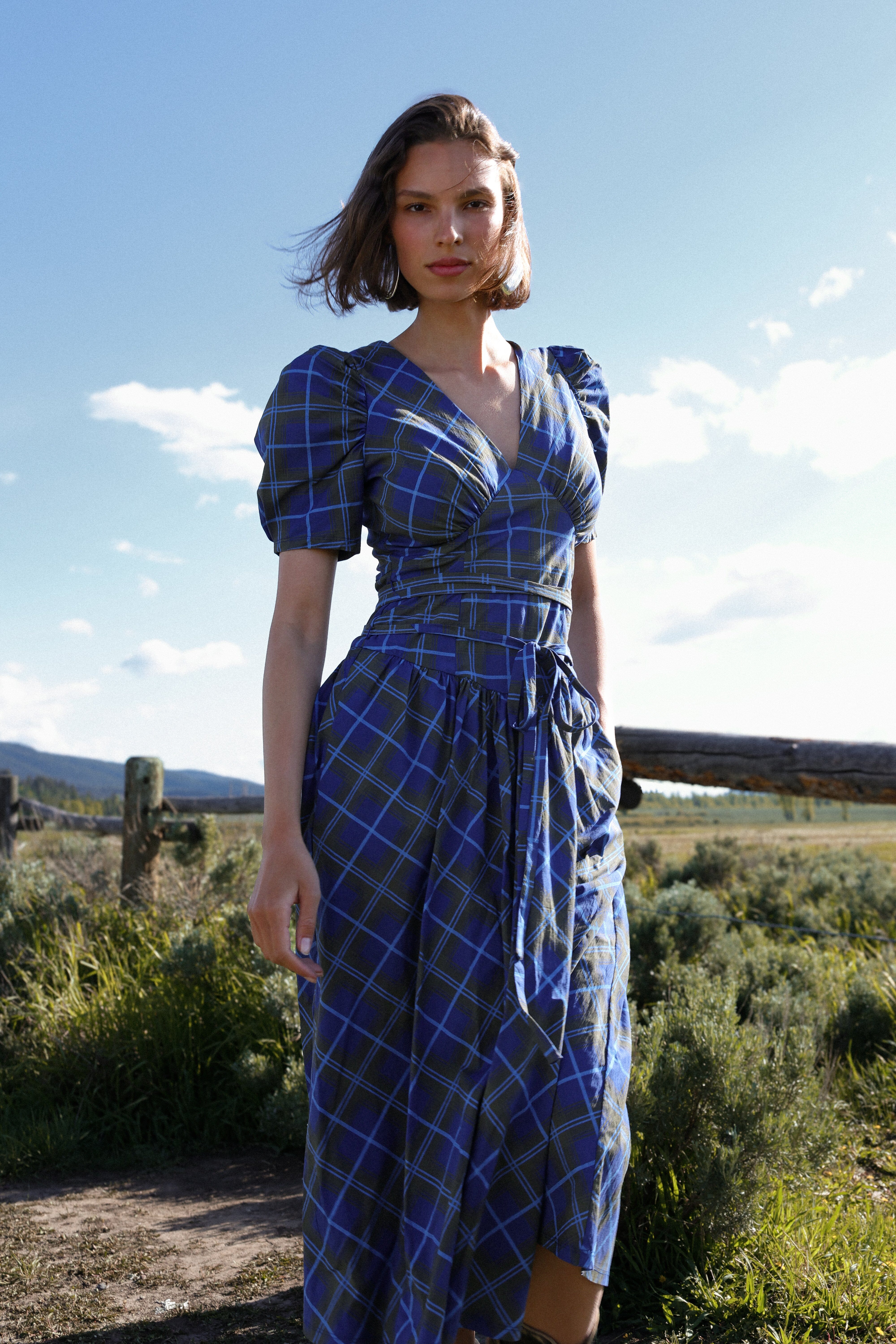 Plaid Cotton Puff Sleeve Midi Dress Dresses Avec Les Filles 