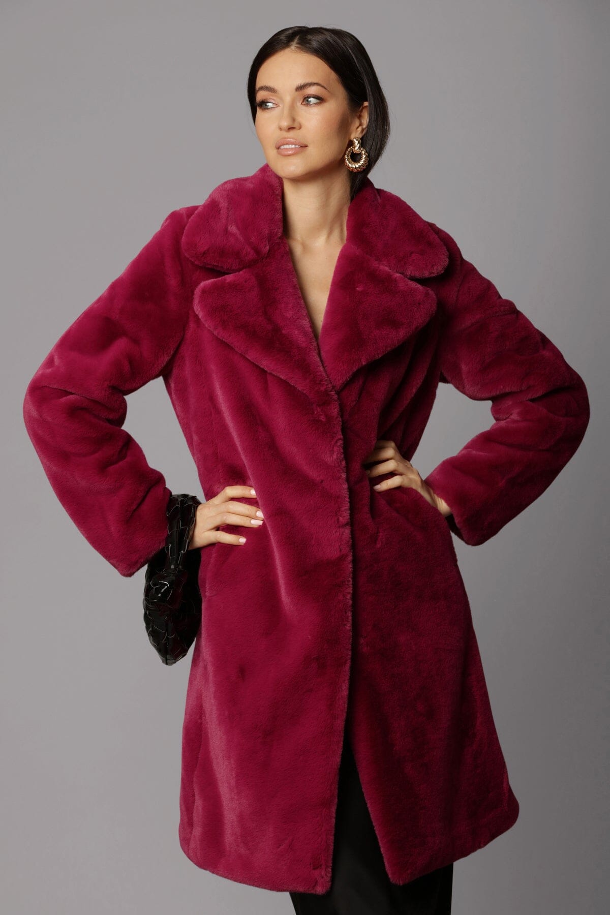 Magenta pink figure flattering notched collar faux fur coat jacket for women