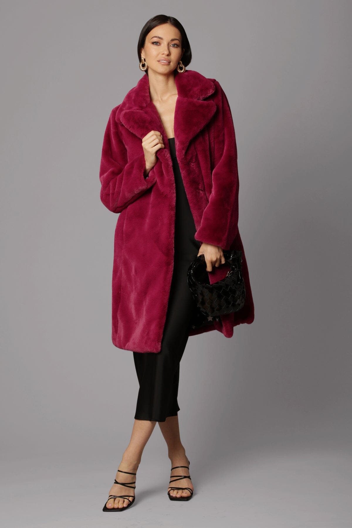 Women's figure flattering magenta pink notched collar faux fur coat jacket by Avec Les Filles