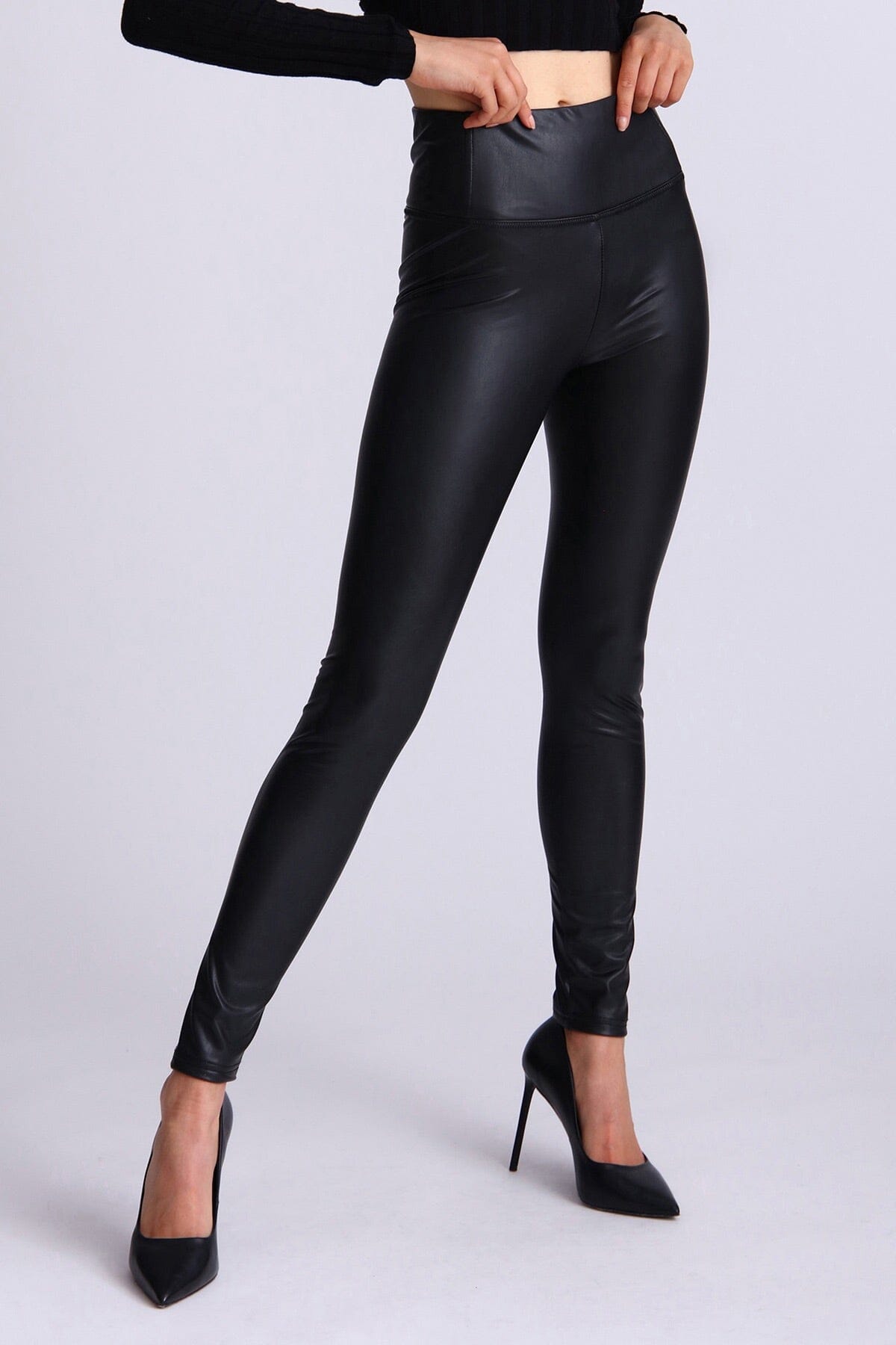 Black faux leather fleece lined legging pants bottoms Bagatelle 