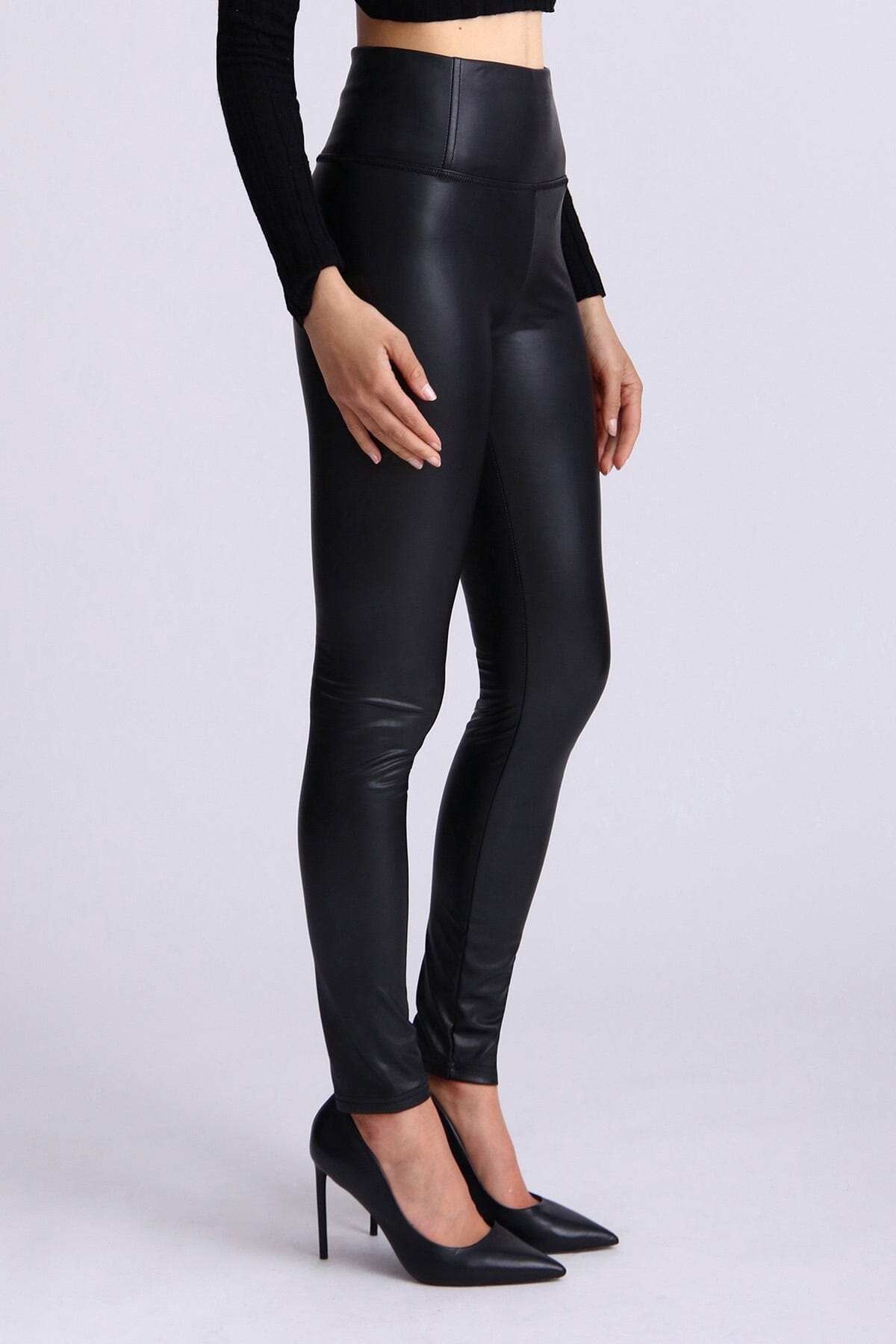 Black faux vegan leather high waisted leggings pants bottoms Bagatelle 