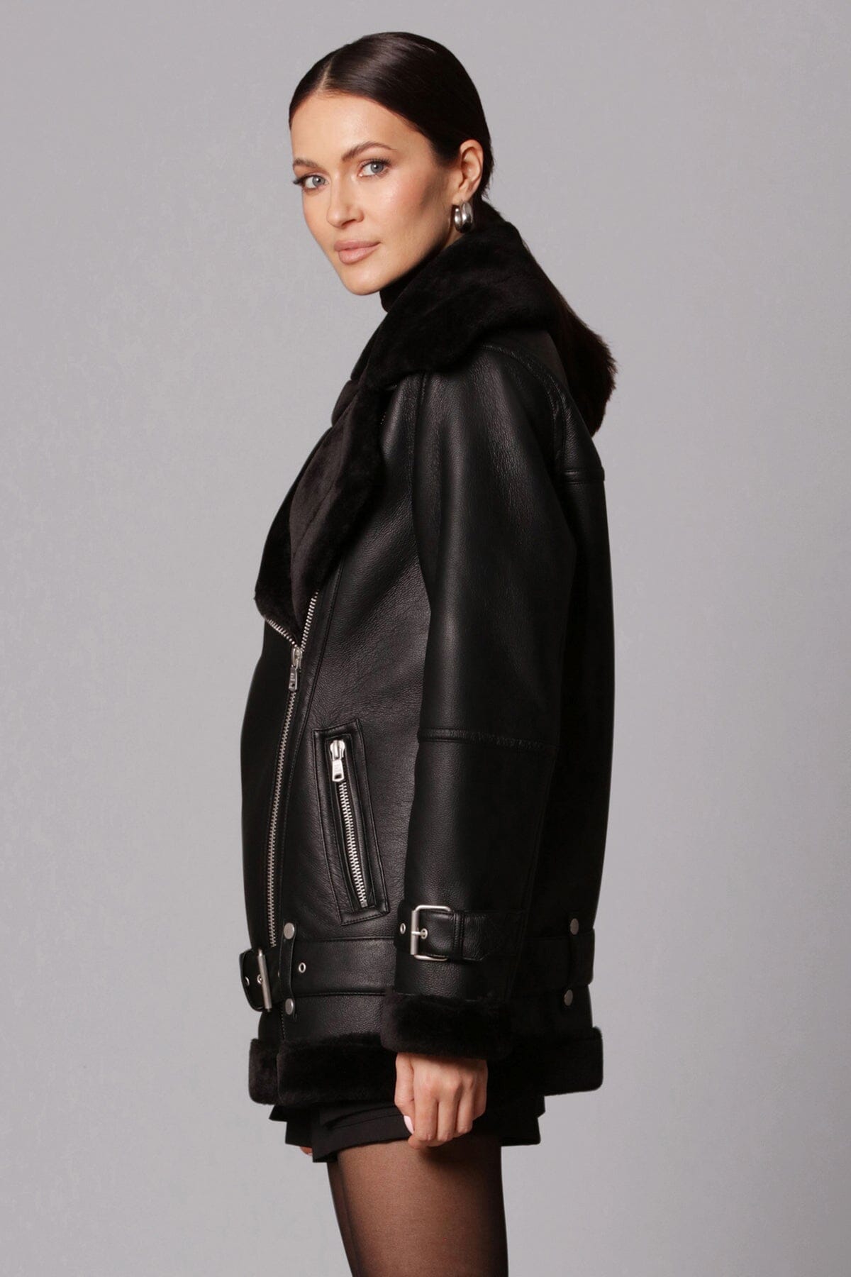 black faux shearling boyfriend biker jacket coat - figure flattering fall 2023 coats jackets for women