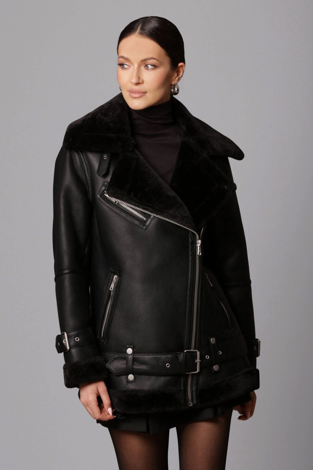 black faux shearling boyfriend biker jacket coat - women's figure flattering edgy night out coats jackets outerwear