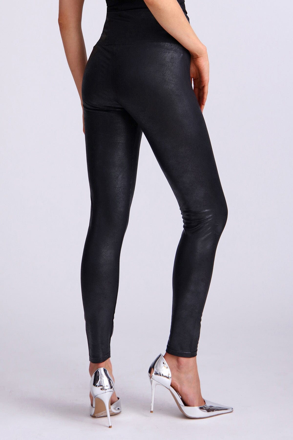 Black crackle faux leather legging pants bagatelle - figure flattering office to night out leggings bottoms for ladies