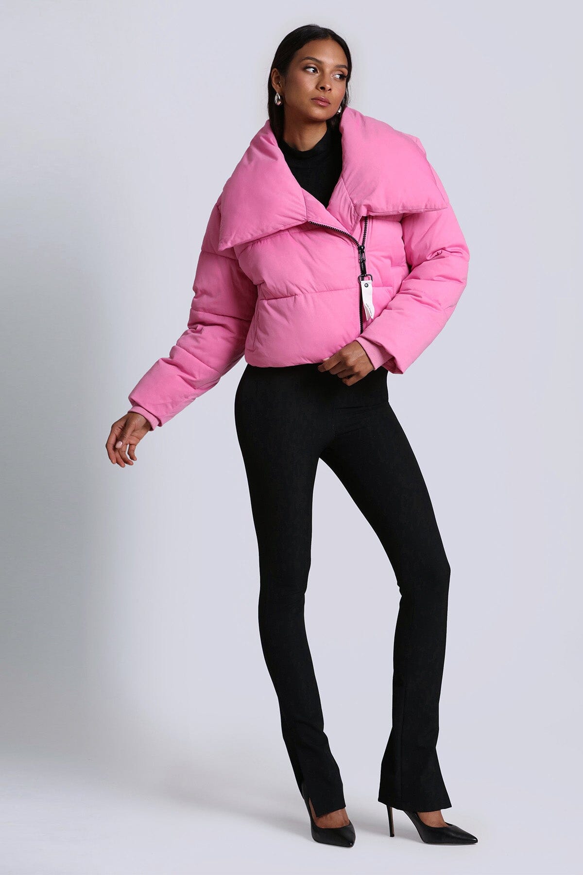 Thermal Puff Envelope Collar Knit Cropped Puffer Coat Jacket Hot Pink - Figure Flattering Designer Fashion Day to Night Coats Jackets for Women