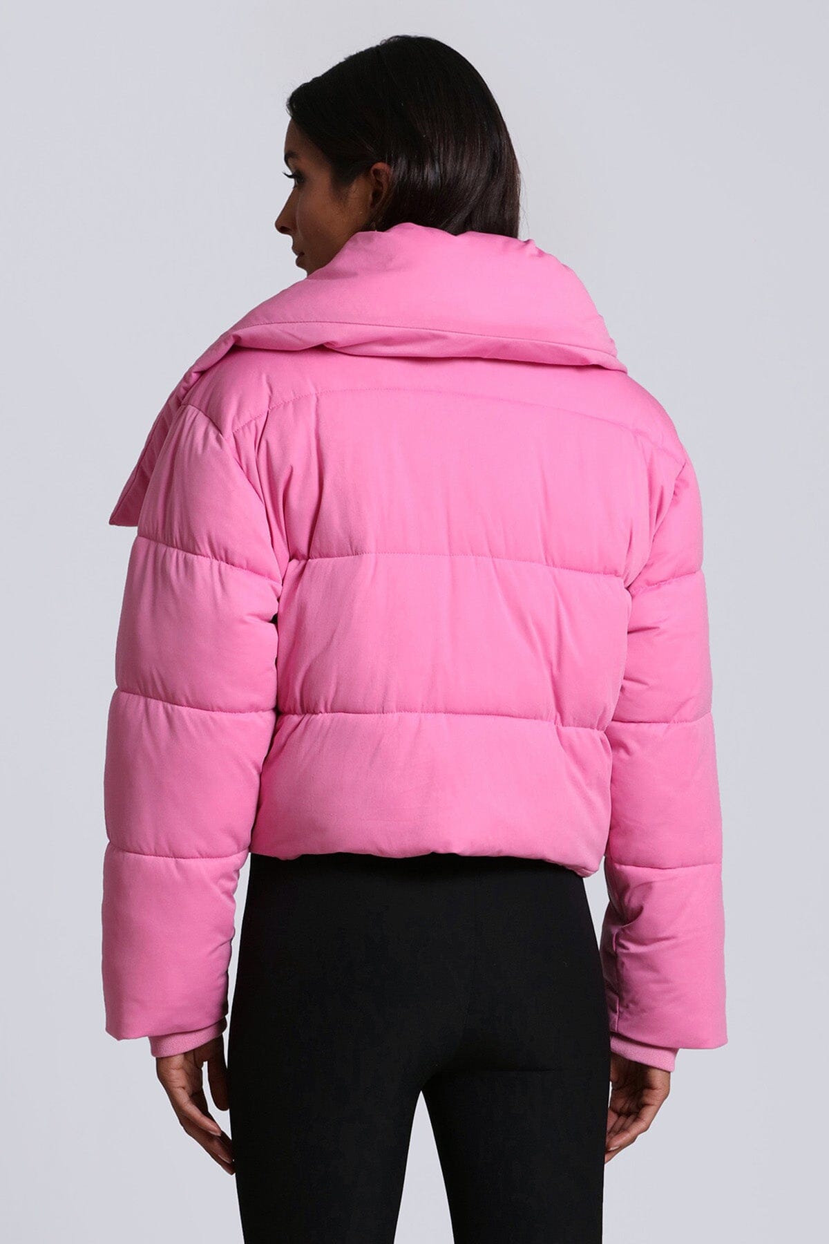 Thermal Puff Envelope Collar Knit Cropped Puffer Coat Jacket Hot Pink - Figure Flattering Designer Fashion Fall Winter Coats Jackets for Women