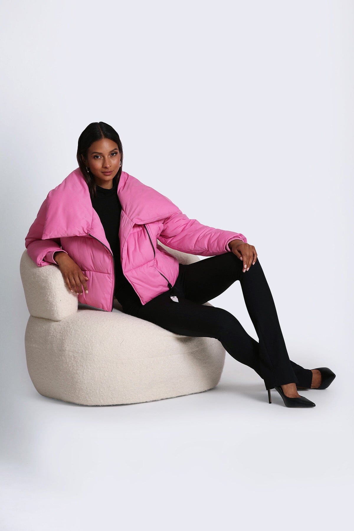 Thermal Puff Envelope Collar Knit Cropped Puffer Coat Jacket Hot Pink - Women's Figure Flattering Designer Fashion Warm Fall Winter Coats Jackets