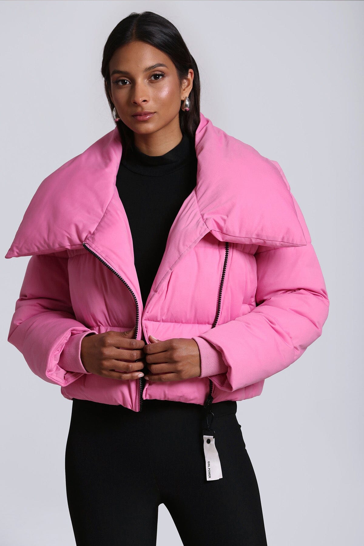 Thermal Puff Envelope Collar Knit Cropped Puffer Coat Jacket Hot Pink - Figure Flattering Designer Fashion Coats Jackets for Women