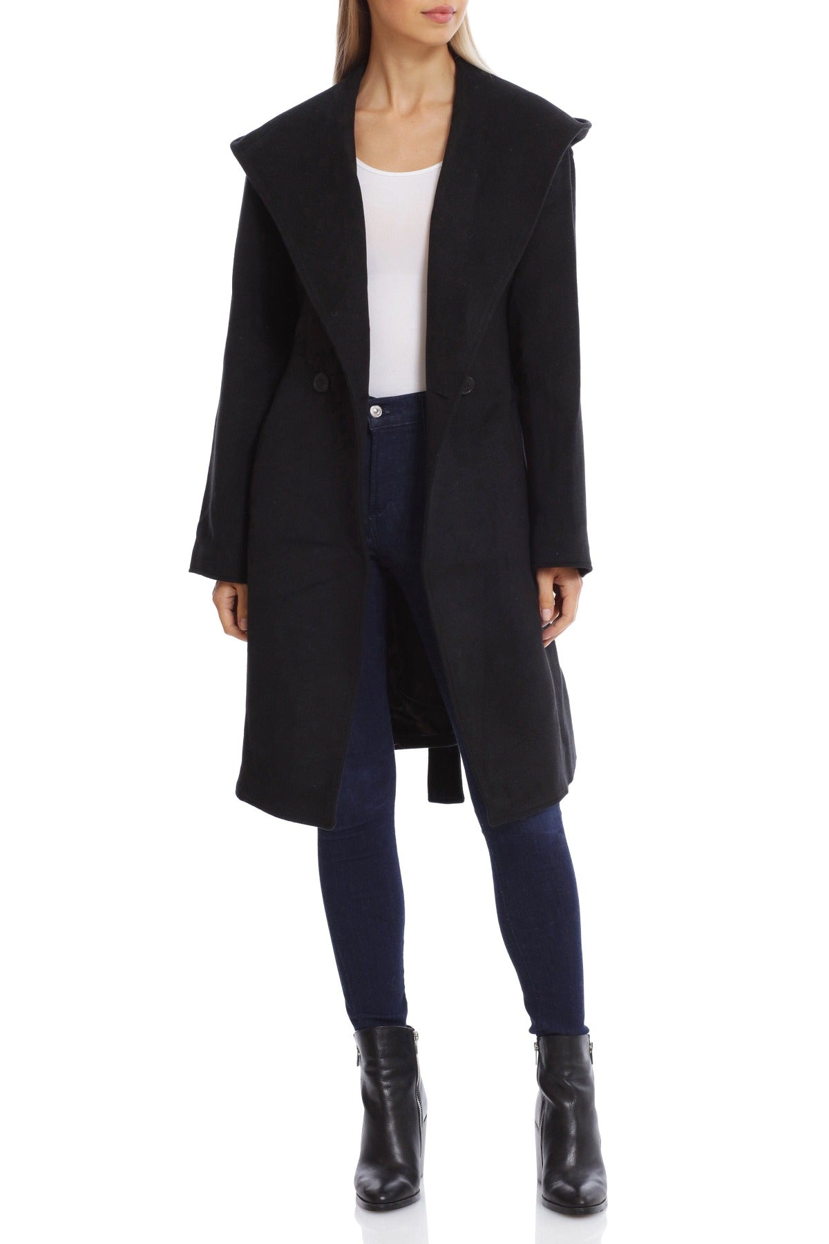 Black figure flattering hooded wool-blend belted midi coat jacket for ladies by Avec Les Filles