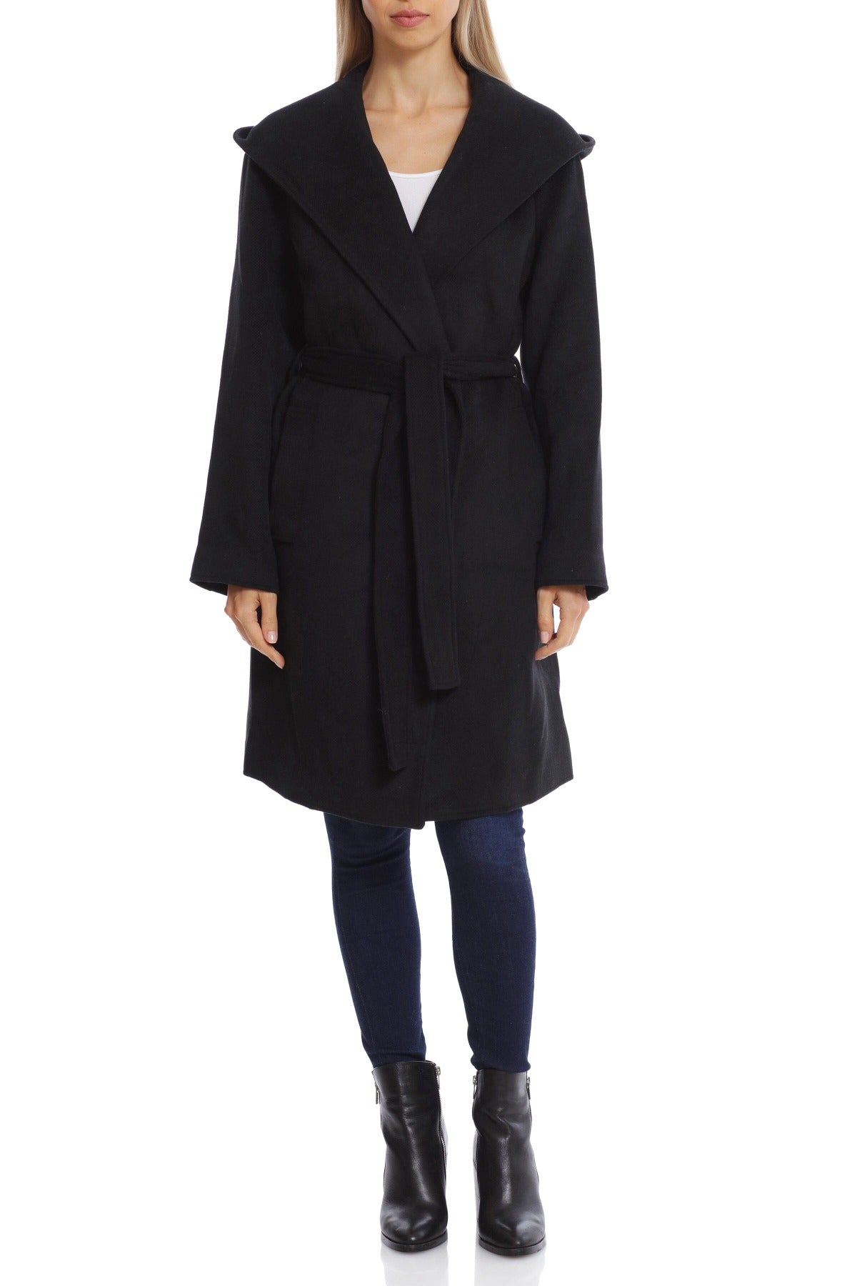Black hooded wool-blend belted midi coat jacket - figure flattering Fall coats jackets for women