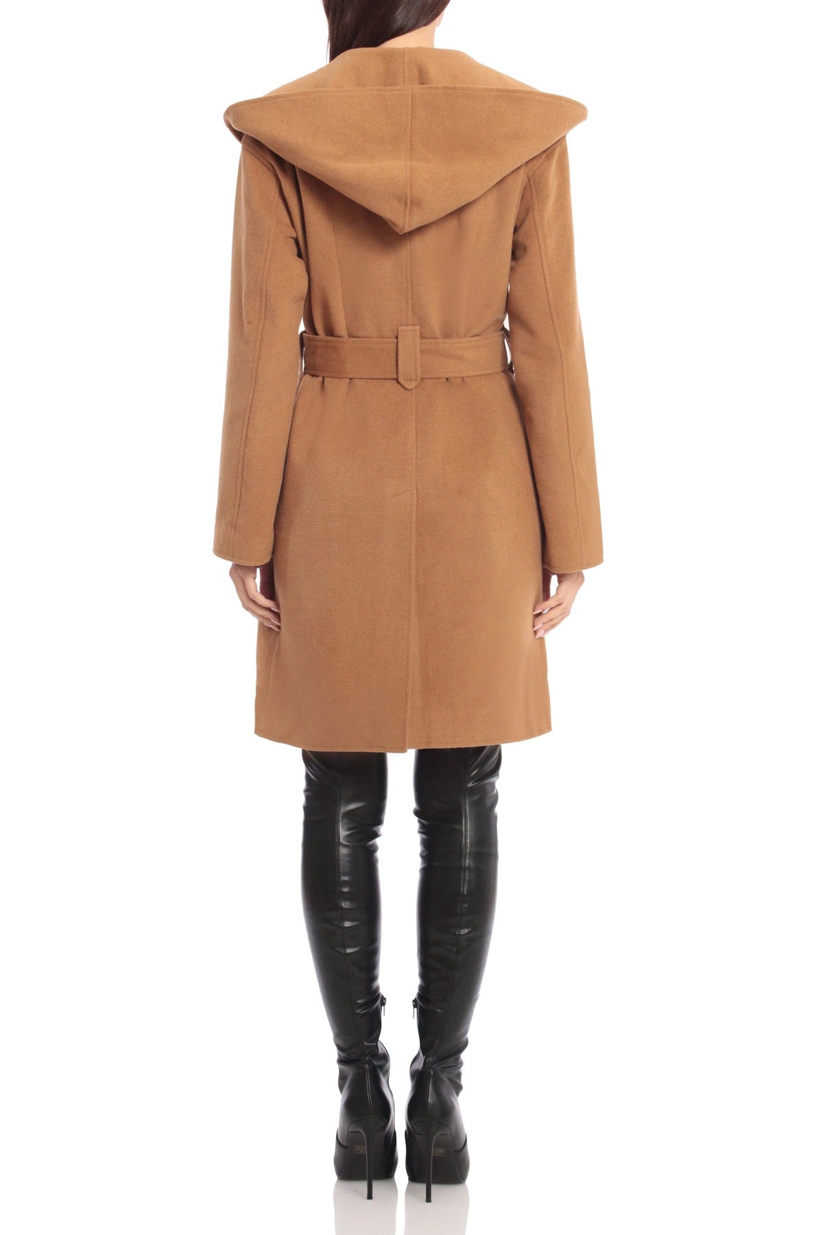 Brown hooded wool-blend belted midi coat jacket - women's figure flattering casual to dressy coats outerwear for Fall 2023 fashion trends