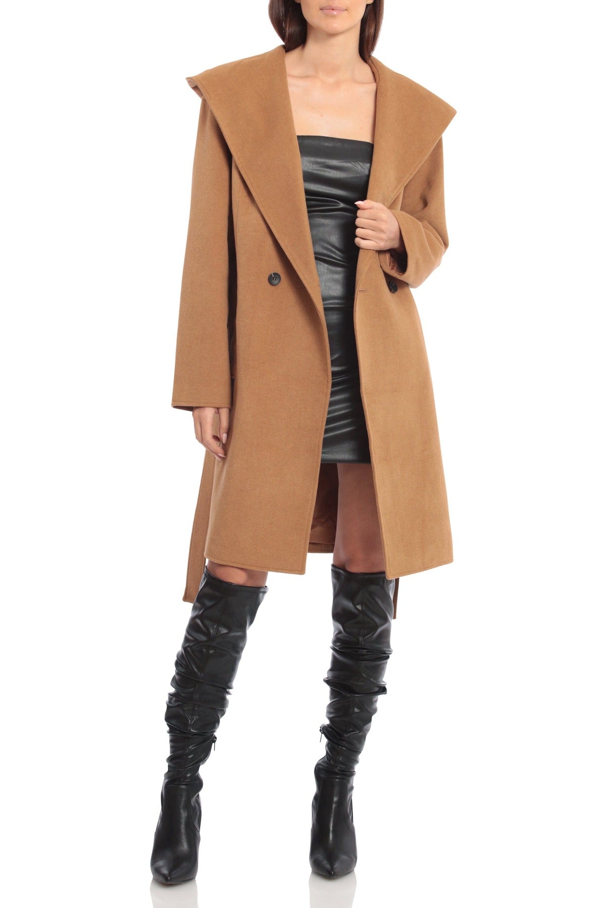 Brown hooded wool-blend belted midi coat jacket for women's Fall fashion by Avec Les Filles