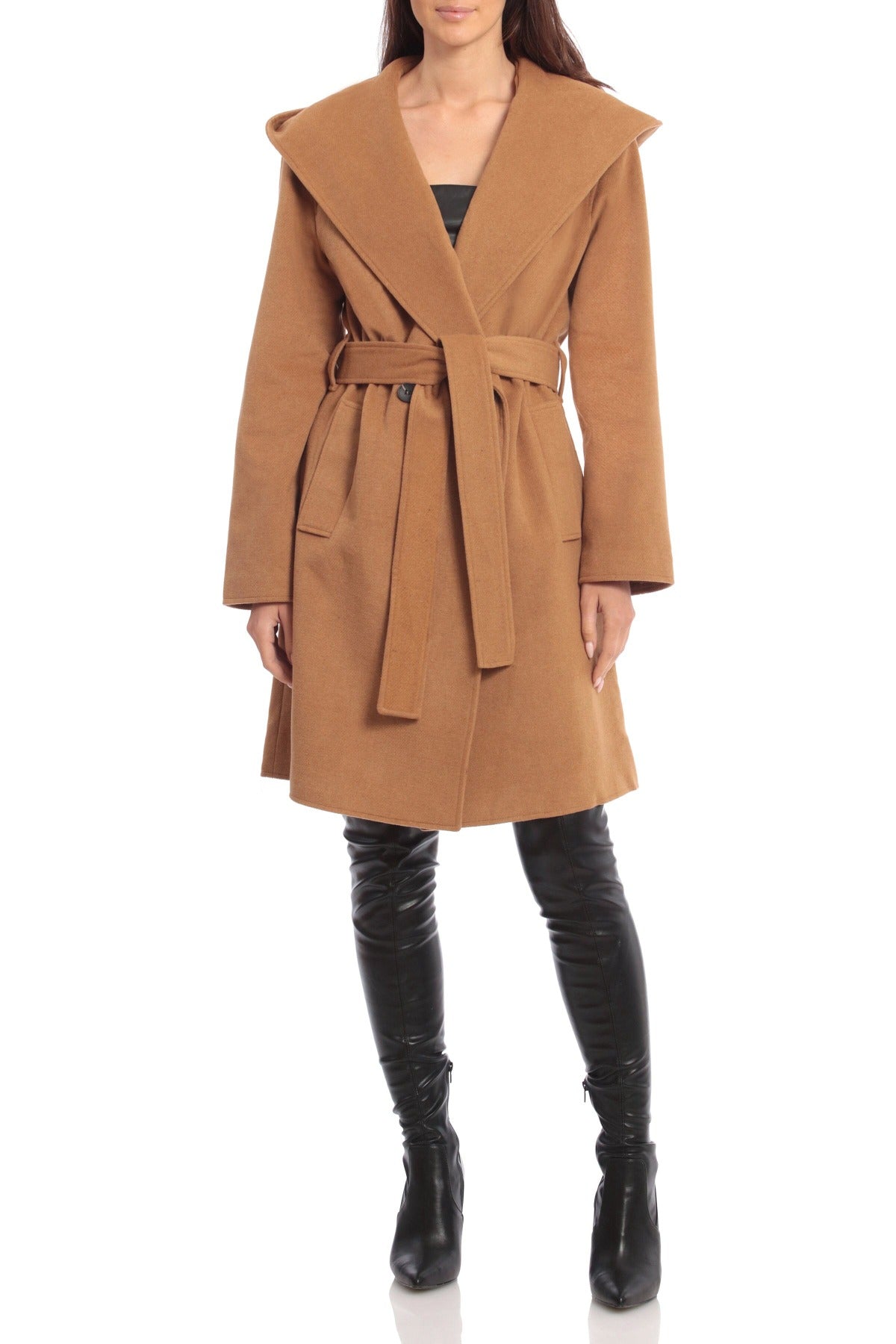 Brown women's hooded wool-blend belted midi coat jacket for Fall 2023 fashion trends by Avec Les Filles