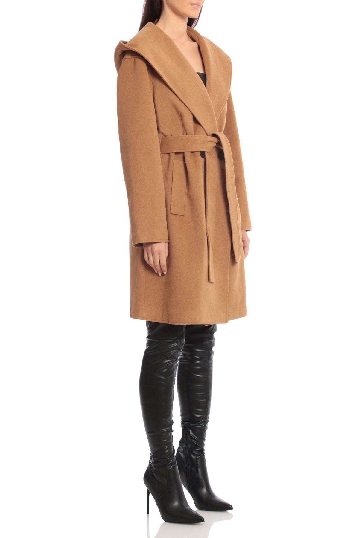 Brown hooded wool-blend belted midi coat jacket - figure flattering day to night coats jackets for ladies by Avec Les Filles