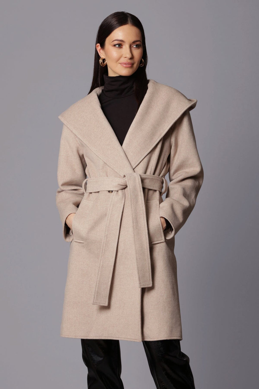 Women\'s Dressy Hooded Wool-Blend Belted Midi Coat