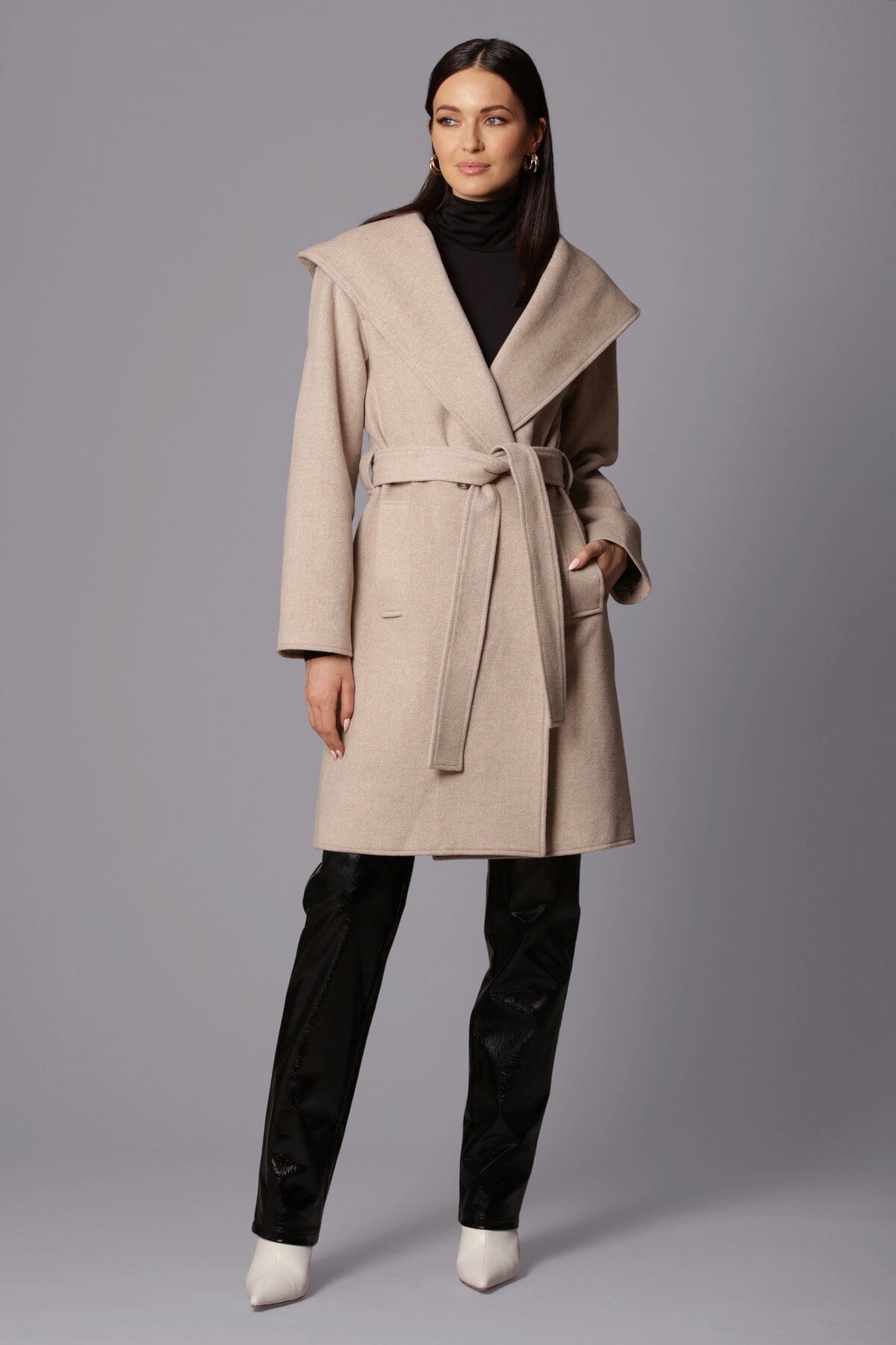 Hooded Wool-Blend Belted Robe Midi Coat Jacket Pink Sand - Figure Flattering Designer Fashion Outerwear for Women 