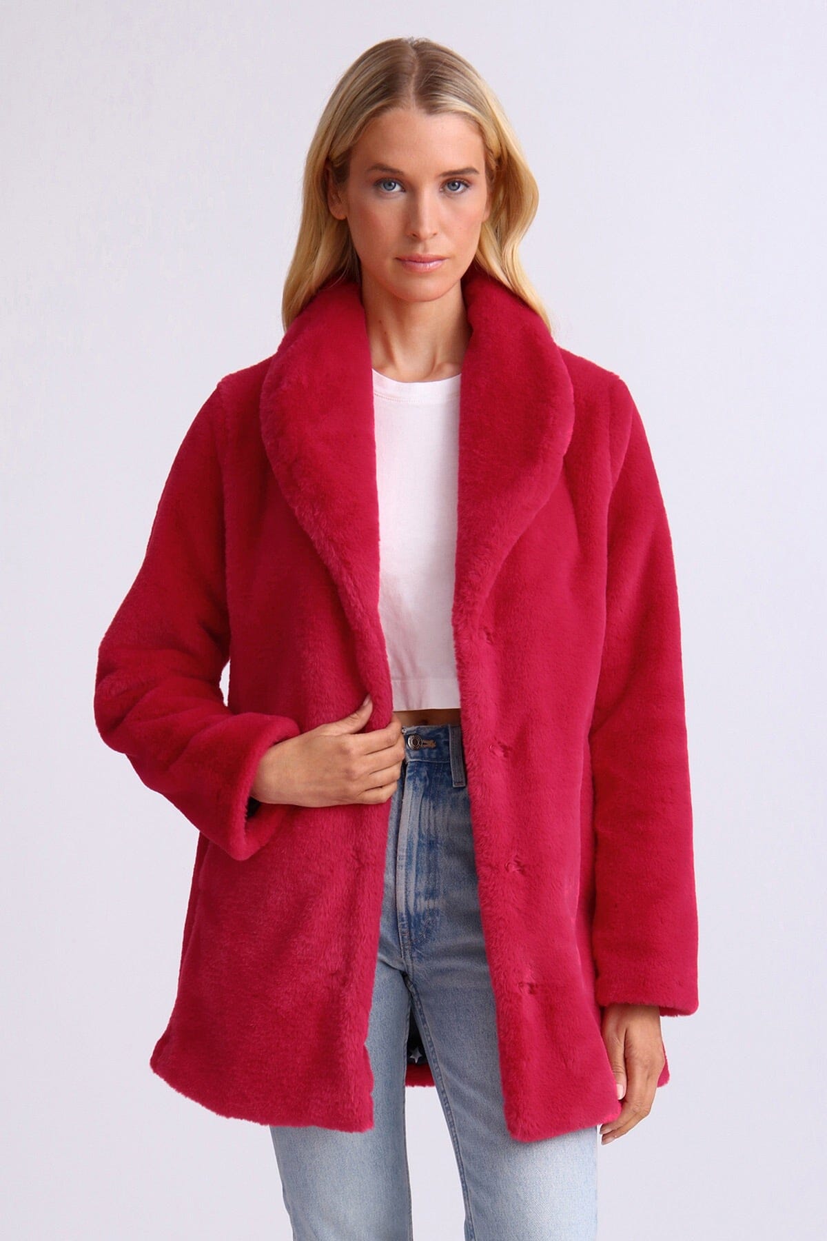 Hibiscus fuchsia hot pink Faux Fur Shawl Collar Coat Outerwear Avec Les Filles 