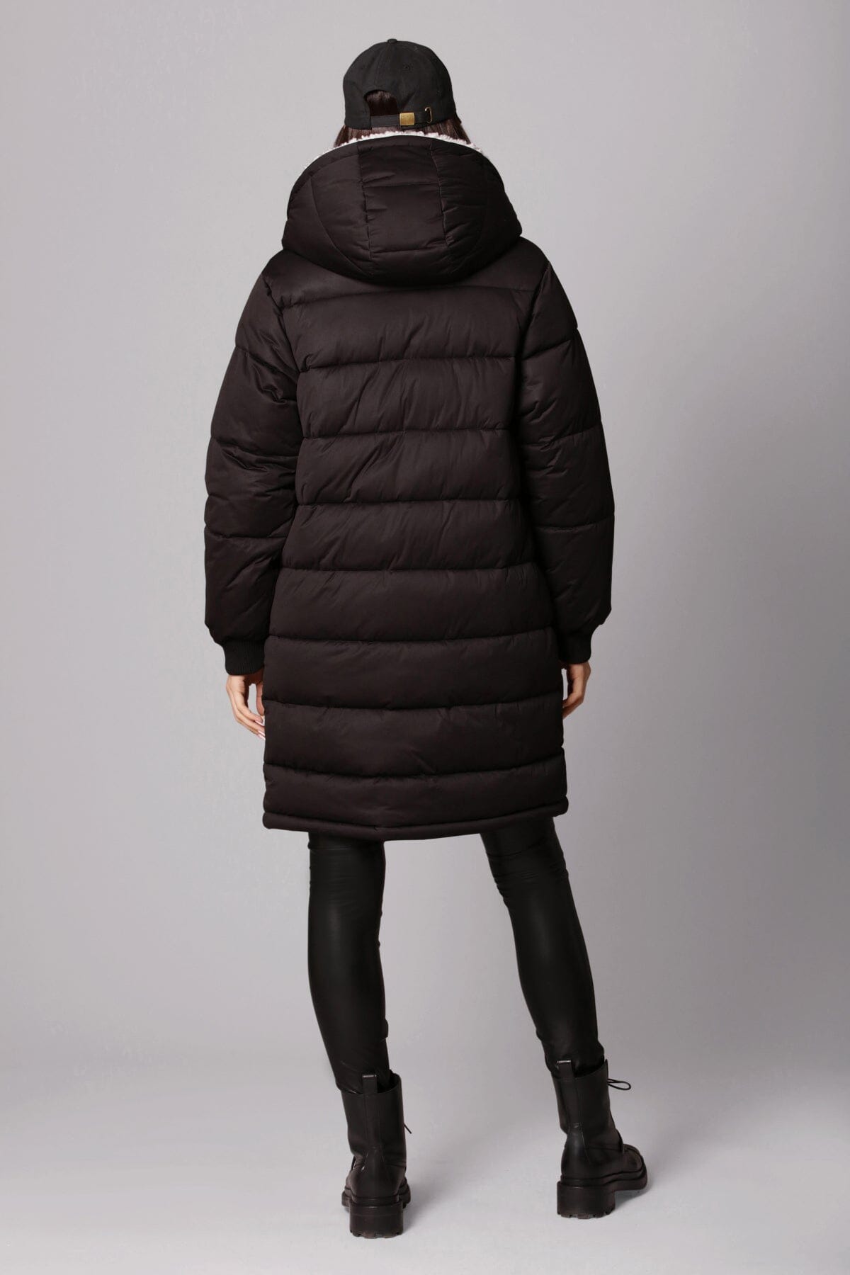 Faux Fur-Lined Puffer Knee Length Coat Outerwear Black - Women's Figure Flattering Designer Fashion Cute Cozy Coats for Women