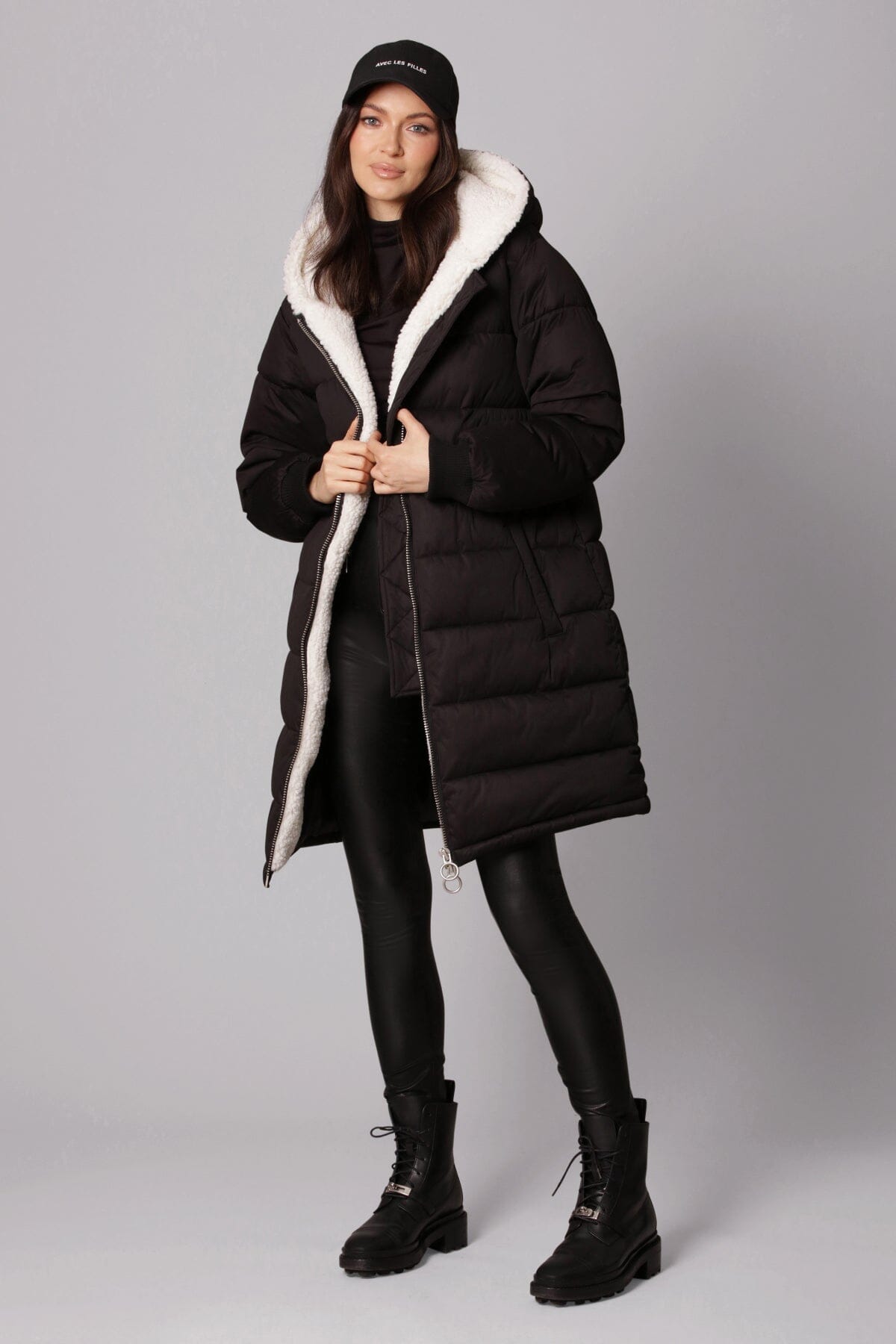 Faux Fur-Lined Puffer Knee Length Coat Outerwear Black - Women's Figure Flattering Designer Fashion Fall Coats