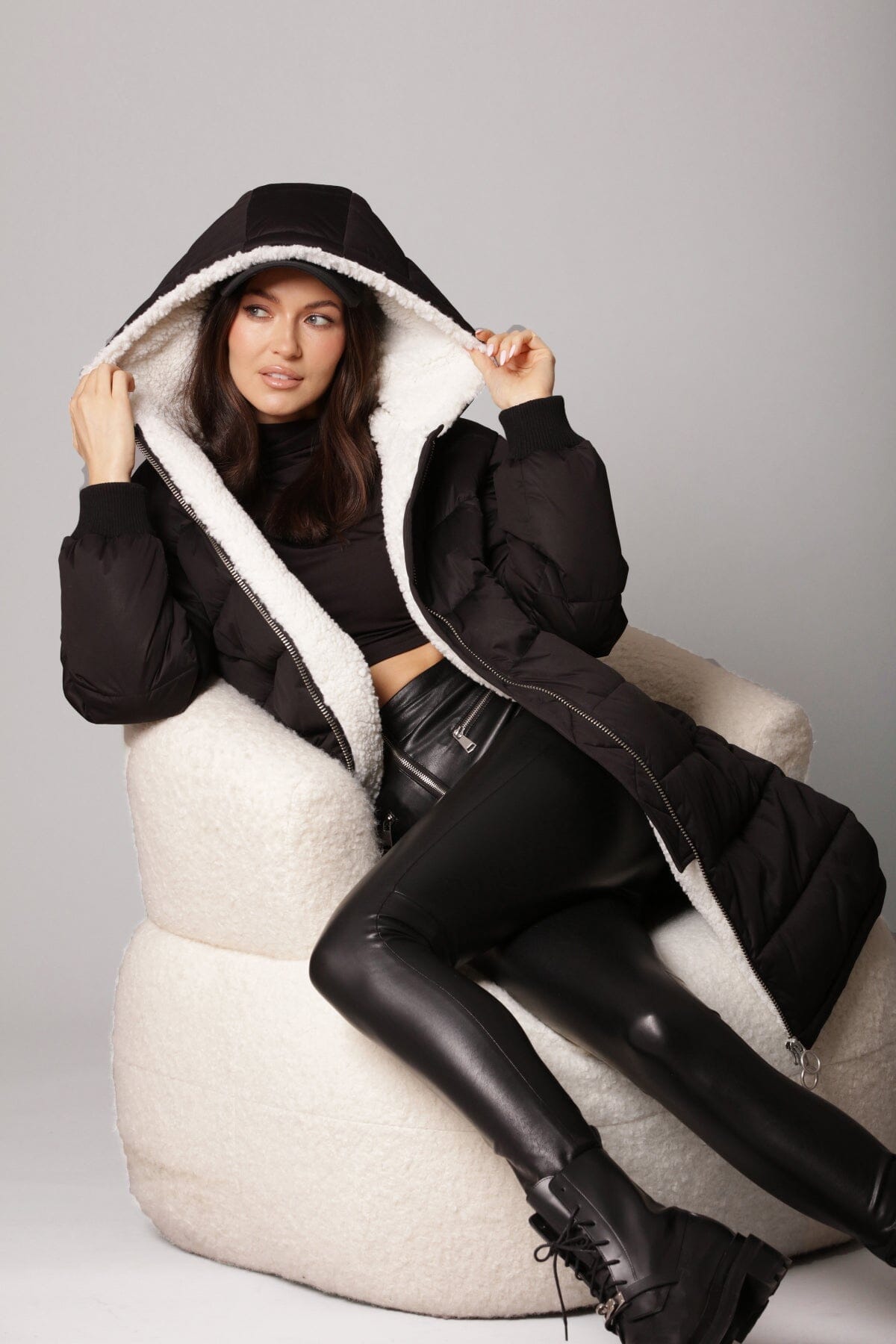 Faux fur-lined puffer knee length coat outerwear black - figure flattering designer fashion cute cozy coats for women