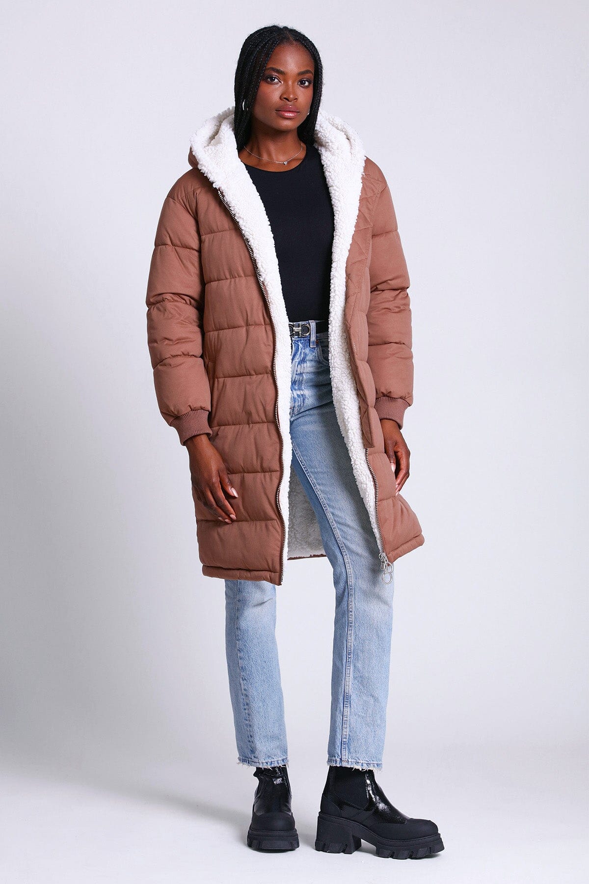 Faux Fur-Lined Puffer Knee Length Coat Outerwear Truffle Brown - Women's Figure Flattering Designer Fashion Coats